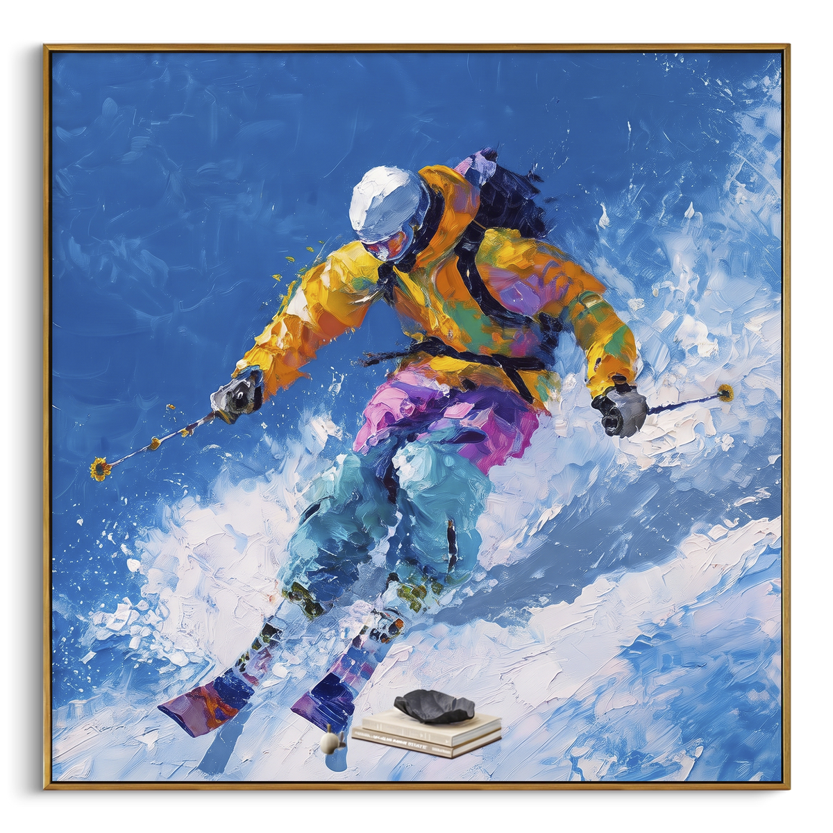 Yellow Jacket Jump Skier focuses on a yellow jacket skier launching through bright blue powder with skis lifted forward. The artwork shows a winter ski scene built from the actual image: visible downhill figures, curved snow tracks, raised ridgelines, and alpine space arranged in a balanced composition. The yellow, blue, white palette gives the piece a cold mountain atmosphere while the thick impasto surface creates shadows along each snowbank, ski line, and textured ridge. This is presented as