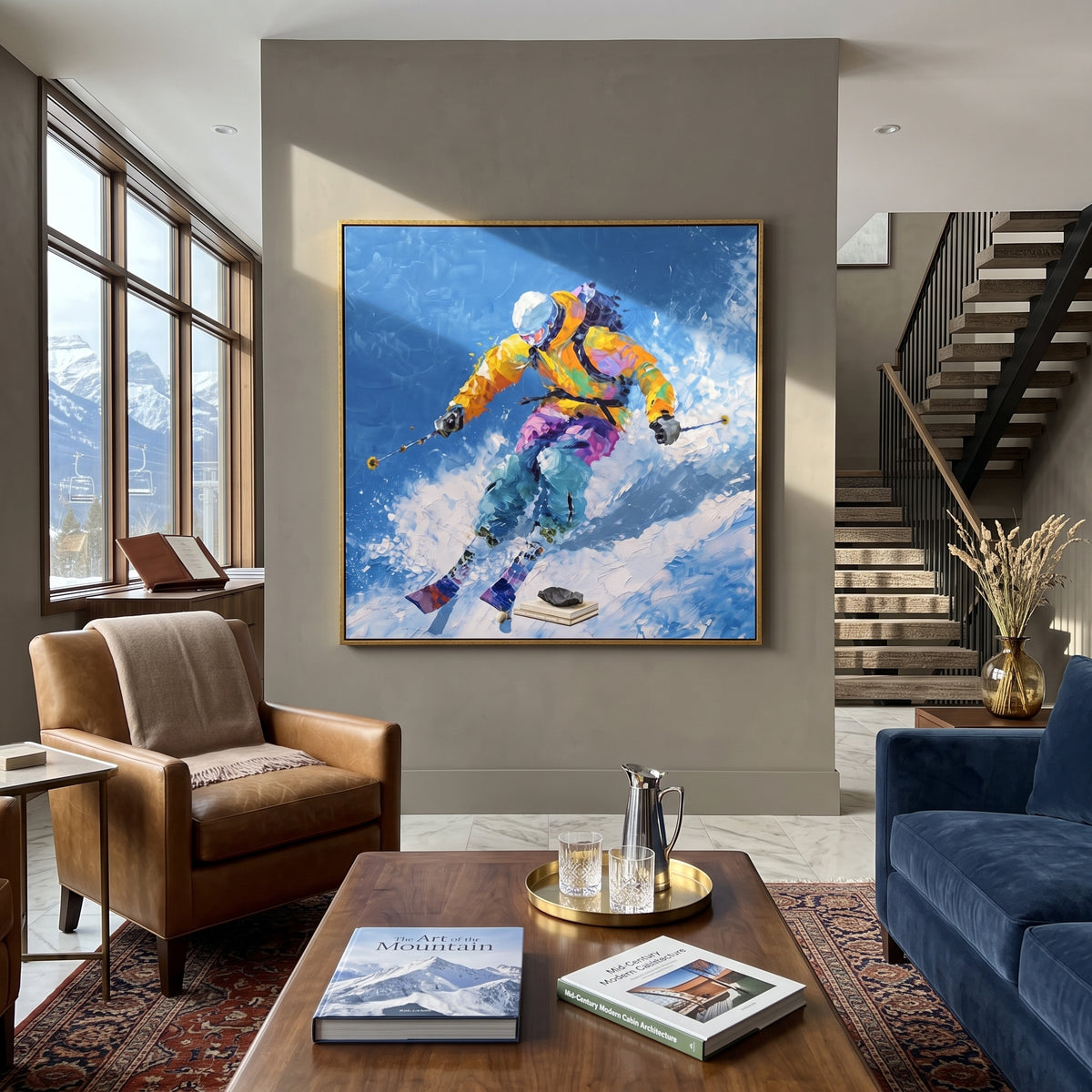 Yellow Jacket Jump Skier focuses on a yellow jacket skier launching through bright blue powder with skis lifted forward. The artwork shows a winter ski scene built from the actual image: visible downhill figures, curved snow tracks, raised ridgelines, and alpine space arranged in a balanced composition. The yellow, blue, white palette gives the piece a cold mountain atmosphere while the thick impasto surface creates shadows along each snowbank, ski line, and textured ridge. This is presented as