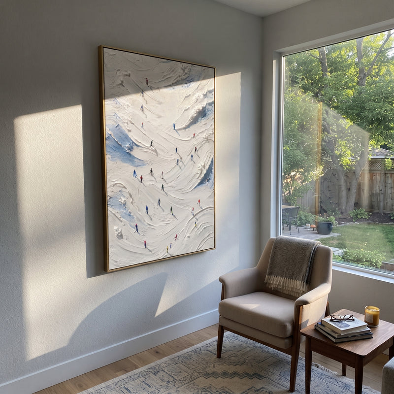 "Birch Alpine Descent" - Modern Heavy Impasto Landscape Artwork | White & Blue Palette Knife Painting | Luxury Vertical Wall Art #PT 2545