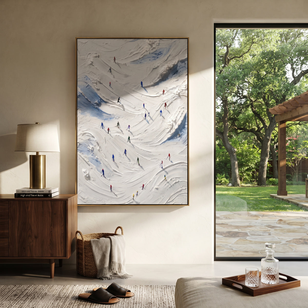 Birch Alpine Descent focuses on a busy resort slope with many tiny figures following separate downhill lines. The artwork shows a winter ski scene built from the actual image: visible downhill figures, curved snow tracks, raised ridgelines, and alpine space arranged in a tall composition. The white, blue, gray palette gives the piece a cold mountain atmosphere while the thick impasto surface creates shadows along each snowbank, ski line, and textured ridge. This is presented as hand-painted