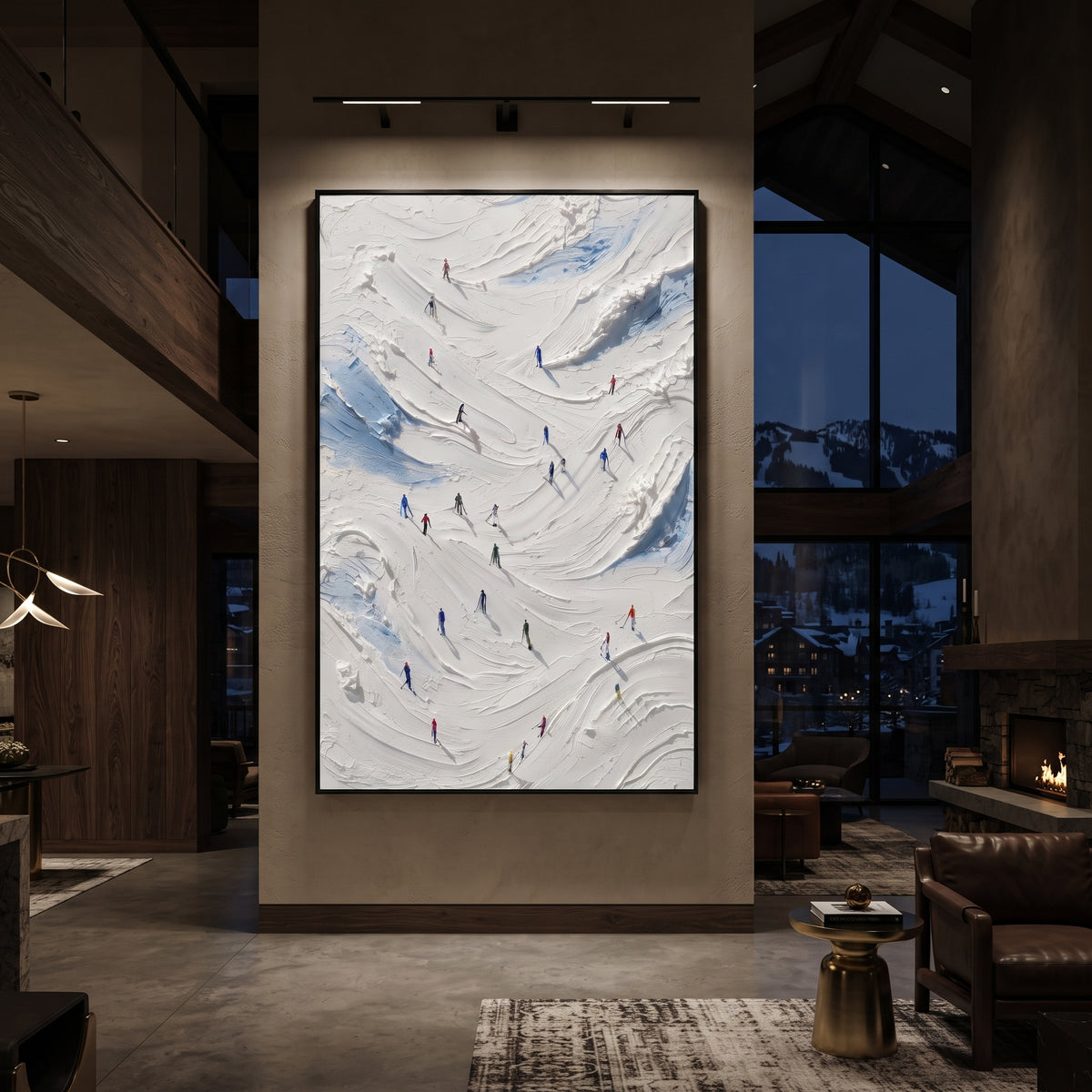 Birch Alpine Descent focuses on a busy resort slope with many tiny figures following separate downhill lines. The artwork shows a winter ski scene built from the actual image: visible downhill figures, curved snow tracks, raised ridgelines, and alpine space arranged in a tall composition. The white, blue, gray palette gives the piece a cold mountain atmosphere while the thick impasto surface creates shadows along each snowbank, ski line, and textured ridge. This is presented as hand-painted