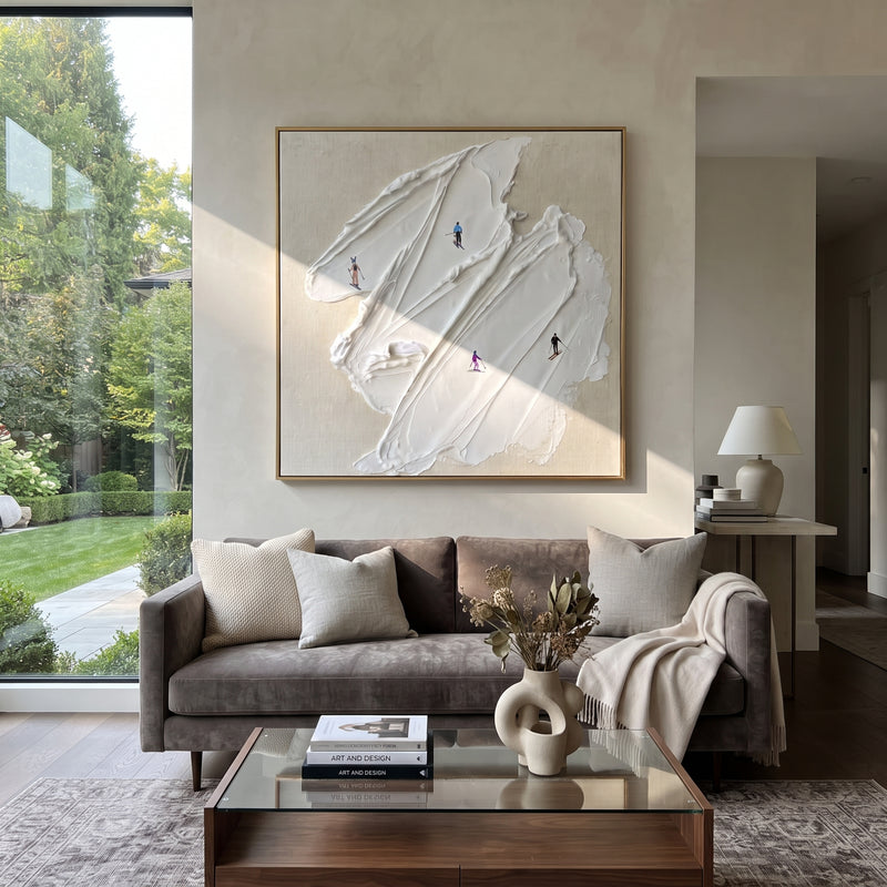 "Valley Texture Run" - Modern Heavy Impasto Landscape Artwork | White & Gray Palette Knife Painting | Luxury Square Wall Art #PT 2546