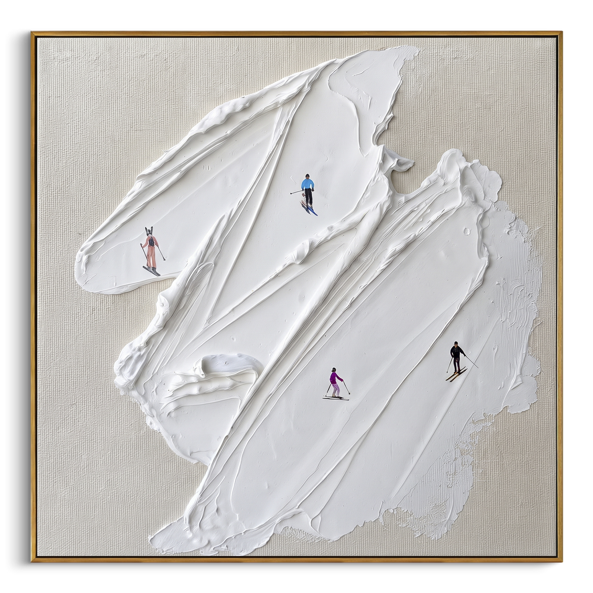 Valley Texture Run focuses on a high alpine trail where tiny figures pass between textured snowbanks. The artwork shows a winter ski scene built from the actual image: visible downhill figures, curved snow tracks, raised ridgelines, and alpine space arranged in a balanced composition. The white, gray, blue palette gives the piece a cold mountain atmosphere while the thick impasto surface creates shadows along each snowbank, ski line, and textured ridge. This is presented as hand-painted textured