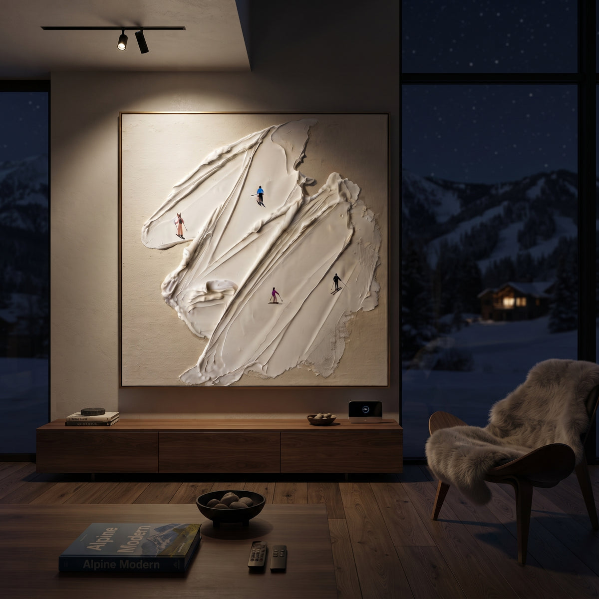 Valley Texture Run focuses on a high alpine trail where tiny figures pass between textured snowbanks. The artwork shows a winter ski scene built from the actual image: visible downhill figures, curved snow tracks, raised ridgelines, and alpine space arranged in a balanced composition. The white, gray, blue palette gives the piece a cold mountain atmosphere while the thick impasto surface creates shadows along each snowbank, ski line, and textured ridge. This is presented as hand-painted textured