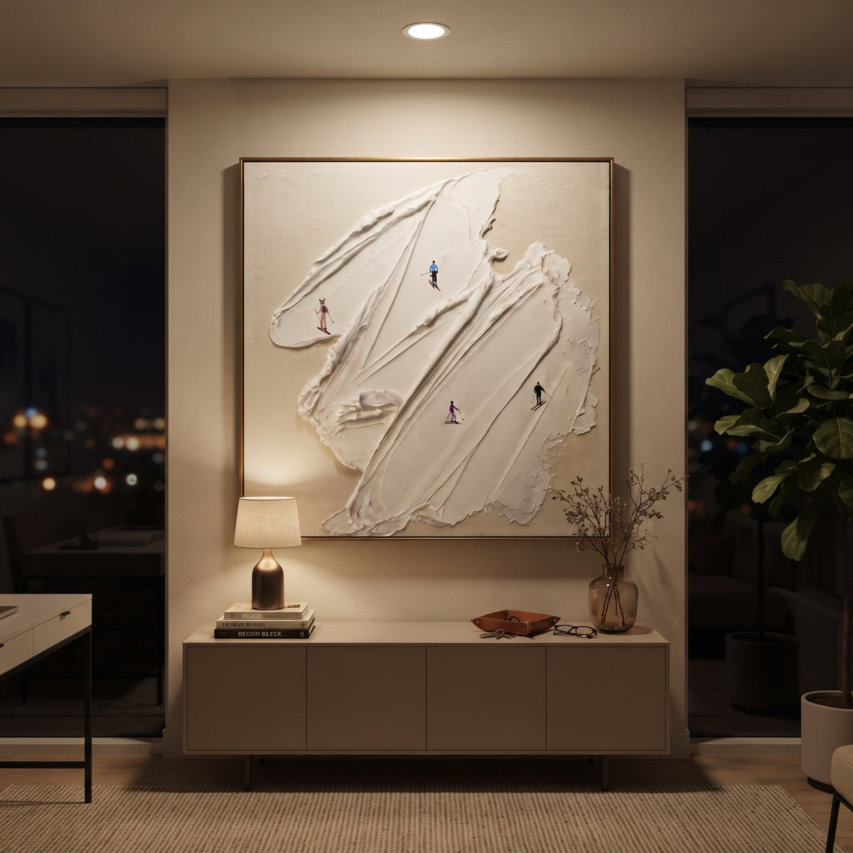 Valley Texture Run focuses on a high alpine trail where tiny figures pass between textured snowbanks. The artwork shows a winter ski scene built from the actual image: visible downhill figures, curved snow tracks, raised ridgelines, and alpine space arranged in a balanced composition. The white, gray, blue palette gives the piece a cold mountain atmosphere while the thick impasto surface creates shadows along each snowbank, ski line, and textured ridge. This is presented as hand-painted textured
