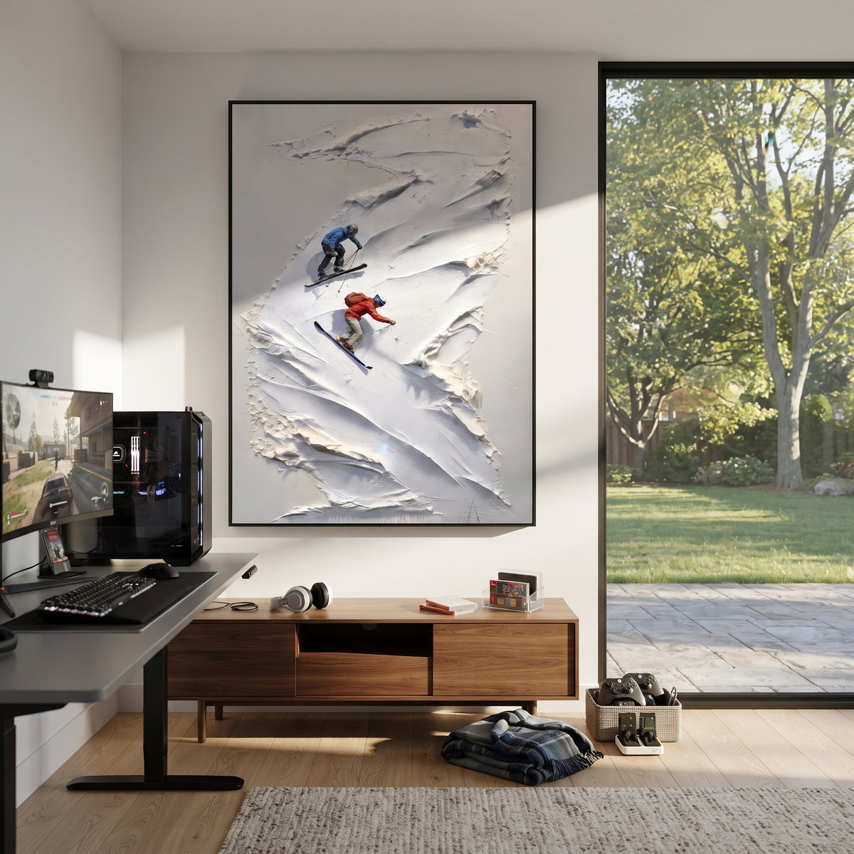 Highland Ridge Skiers focuses on tiny red, blue, and yellow skiers scattered across a sculpted alpine slope. The artwork shows a winter ski scene built from the actual image: visible downhill figures, curved snow tracks, raised ridgelines, and alpine space arranged in a tall composition. The white, green, blue palette gives the piece a cold mountain atmosphere while the thick impasto surface creates shadows along each snowbank, ski line, and textured ridge. This is presented as hand-painted
