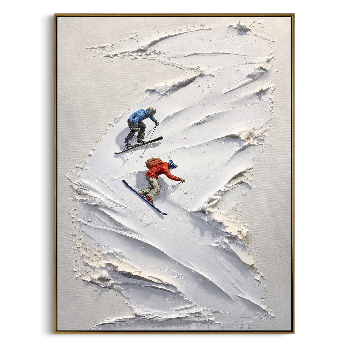 Highland Ridge Skiers focuses on tiny red, blue, and yellow skiers scattered across a sculpted alpine slope. The artwork shows a winter ski scene built from the actual image: visible downhill figures, curved snow tracks, raised ridgelines, and alpine space arranged in a tall composition. The white, green, blue palette gives the piece a cold mountain atmosphere while the thick impasto surface creates shadows along each snowbank, ski line, and textured ridge. This is presented as hand-painted