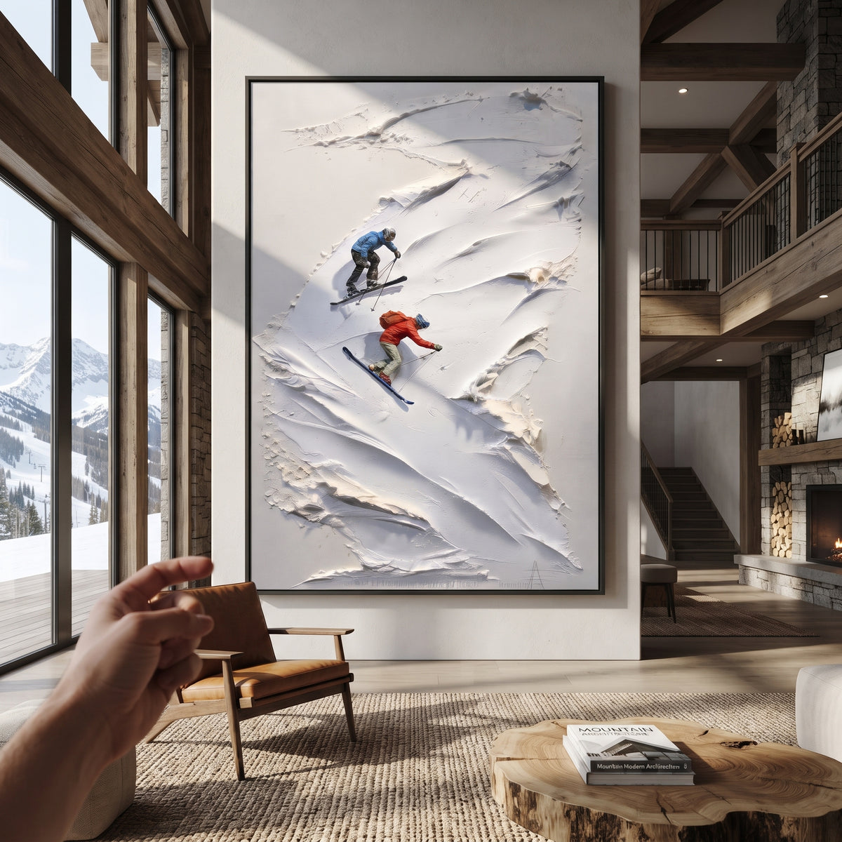 Highland Ridge Skiers focuses on tiny red, blue, and yellow skiers scattered across a sculpted alpine slope. The artwork shows a winter ski scene built from the actual image: visible downhill figures, curved snow tracks, raised ridgelines, and alpine space arranged in a tall composition. The white, green, blue palette gives the piece a cold mountain atmosphere while the thick impasto surface creates shadows along each snowbank, ski line, and textured ridge. This is presented as hand-painted