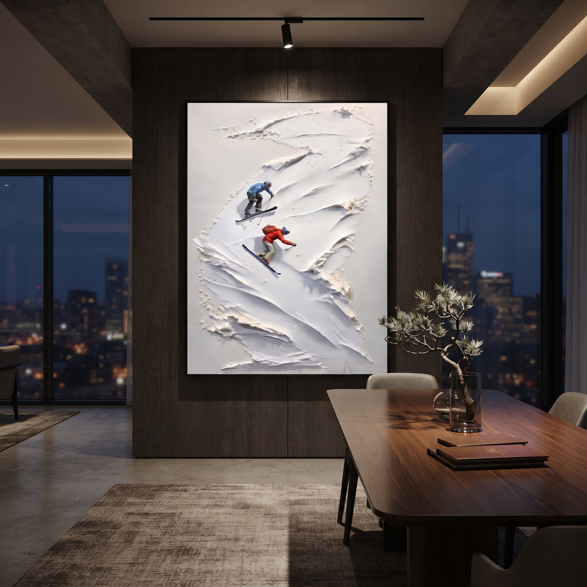 Highland Ridge Skiers focuses on tiny red, blue, and yellow skiers scattered across a sculpted alpine slope. The artwork shows a winter ski scene built from the actual image: visible downhill figures, curved snow tracks, raised ridgelines, and alpine space arranged in a tall composition. The white, green, blue palette gives the piece a cold mountain atmosphere while the thick impasto surface creates shadows along each snowbank, ski line, and textured ridge. This is presented as hand-painted