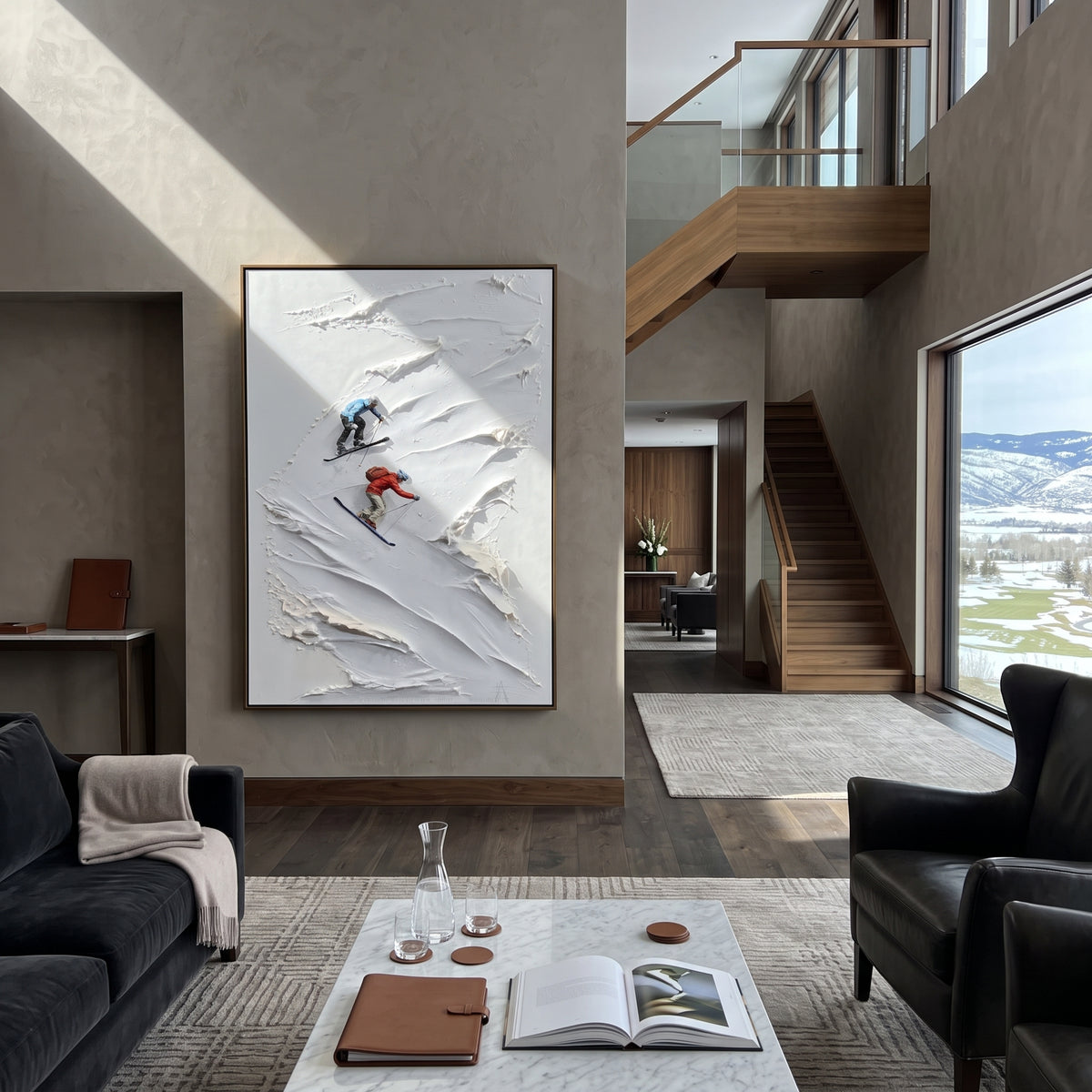 Highland Ridge Skiers focuses on tiny red, blue, and yellow skiers scattered across a sculpted alpine slope. The artwork shows a winter ski scene built from the actual image: visible downhill figures, curved snow tracks, raised ridgelines, and alpine space arranged in a tall composition. The white, green, blue palette gives the piece a cold mountain atmosphere while the thick impasto surface creates shadows along each snowbank, ski line, and textured ridge. This is presented as hand-painted