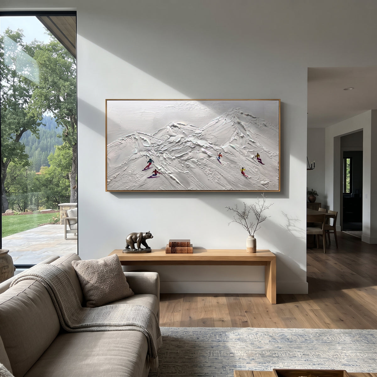 Misty Snow Basin With Pine Shadows focuses on distant peaks, white powder banks, and raised palette-knife terrain. The artwork shows a winter ski scene built from the actual image: visible downhill figures, curved snow tracks, raised ridgelines, and alpine space arranged in a wide composition. The white, black, gray palette gives the piece a cold mountain atmosphere while the thick impasto surface creates shadows along each snowbank, ski line, and textured ridge. This is presented as