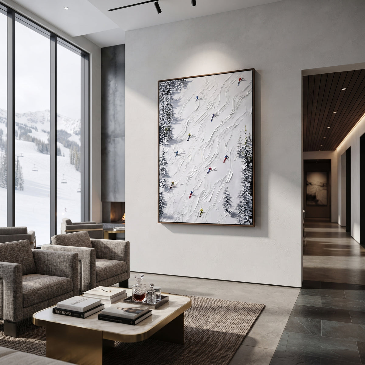 Crisp Winter Slope focuses on a forest-framed ski descent with clustered pines and winding carved tracks. The artwork shows a winter ski scene built from the actual image: visible downhill figures, curved snow tracks, raised ridgelines, and alpine space arranged in a tall composition. The white, green, blue palette gives the piece a cold mountain atmosphere while the thick impasto surface creates shadows along each snowbank, ski line, and textured ridge. This is presented as hand-painted