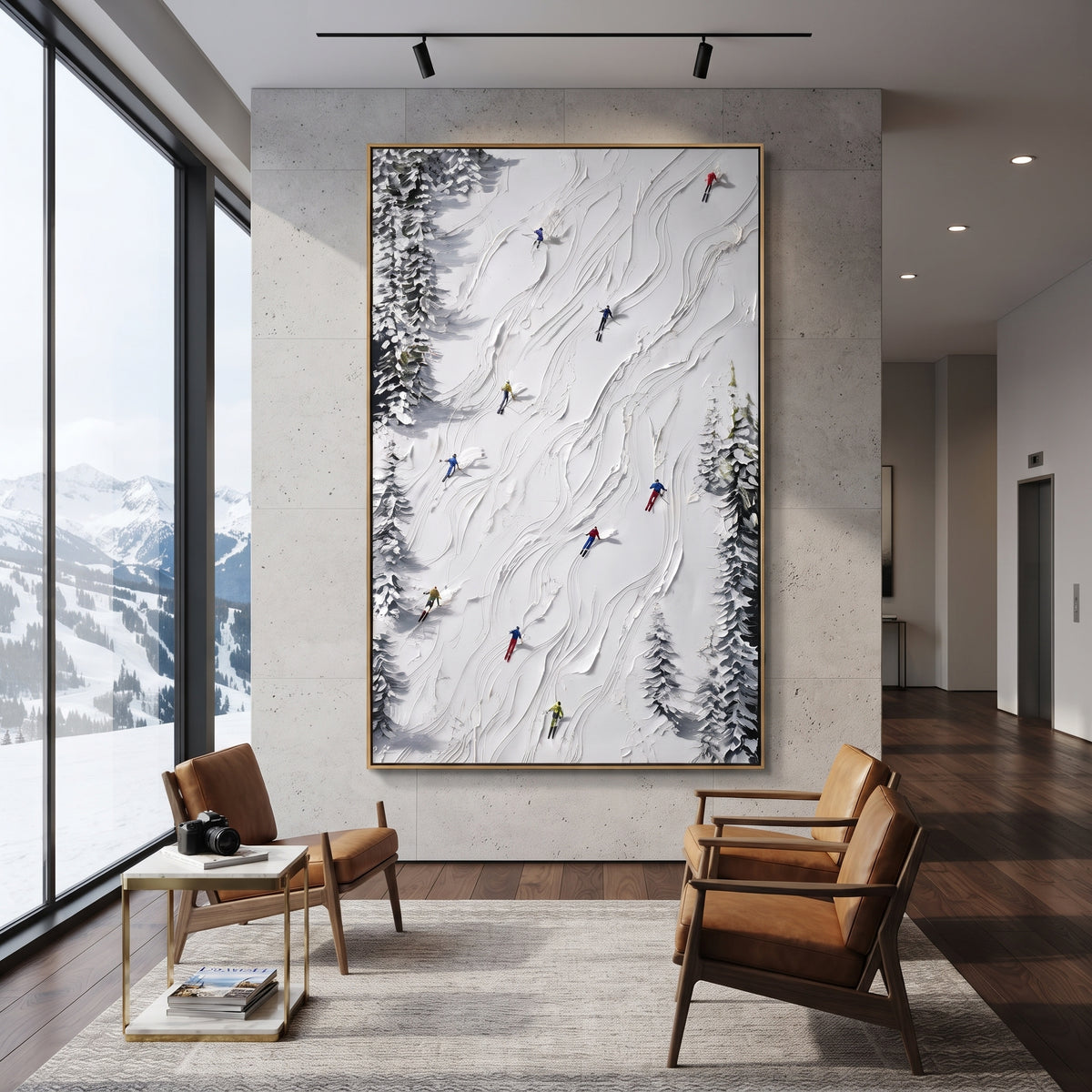 Crisp Winter Slope focuses on a forest-framed ski descent with clustered pines and winding carved tracks. The artwork shows a winter ski scene built from the actual image: visible downhill figures, curved snow tracks, raised ridgelines, and alpine space arranged in a tall composition. The white, green, blue palette gives the piece a cold mountain atmosphere while the thick impasto surface creates shadows along each snowbank, ski line, and textured ridge. This is presented as hand-painted