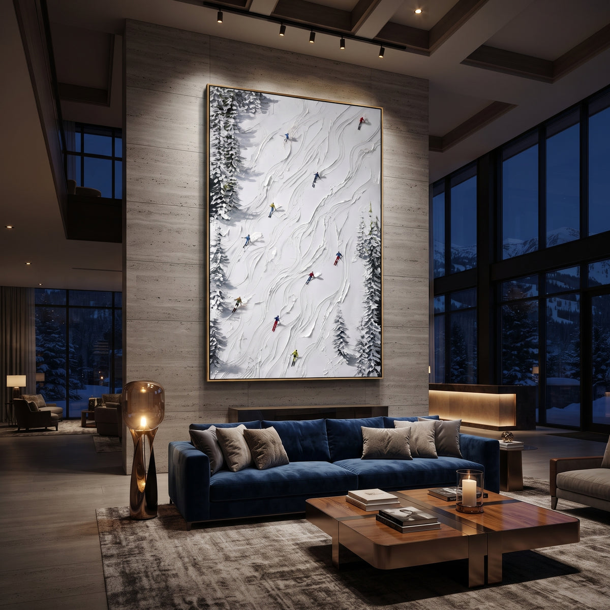 Crisp Winter Slope focuses on a forest-framed ski descent with clustered pines and winding carved tracks. The artwork shows a winter ski scene built from the actual image: visible downhill figures, curved snow tracks, raised ridgelines, and alpine space arranged in a tall composition. The white, green, blue palette gives the piece a cold mountain atmosphere while the thick impasto surface creates shadows along each snowbank, ski line, and textured ridge. This is presented as hand-painted