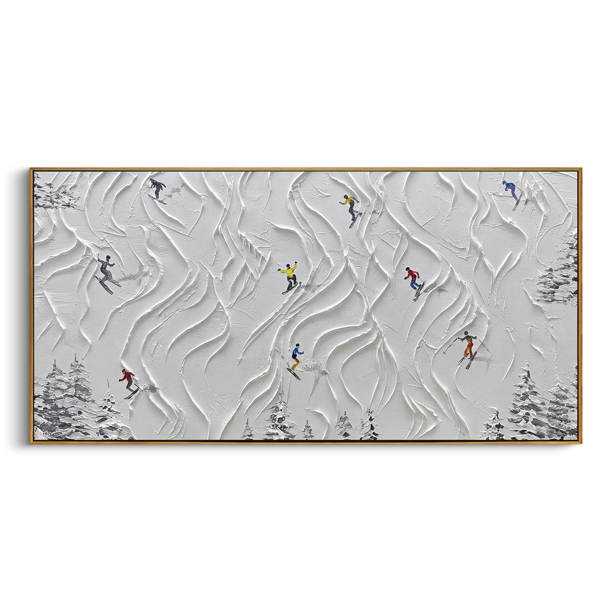 Winter Sunset Forest Skiers focuses on skiers passing through bare winter trees under a soft orange sunset. The artwork shows a winter ski scene built from the actual image: visible downhill figures, curved snow tracks, raised ridgelines, and alpine space arranged in a wide composition. The orange, blue, white palette gives the piece a cold mountain atmosphere while the thick impasto surface creates shadows along each snowbank, ski line, and textured ridge. This is presented as hand-painted