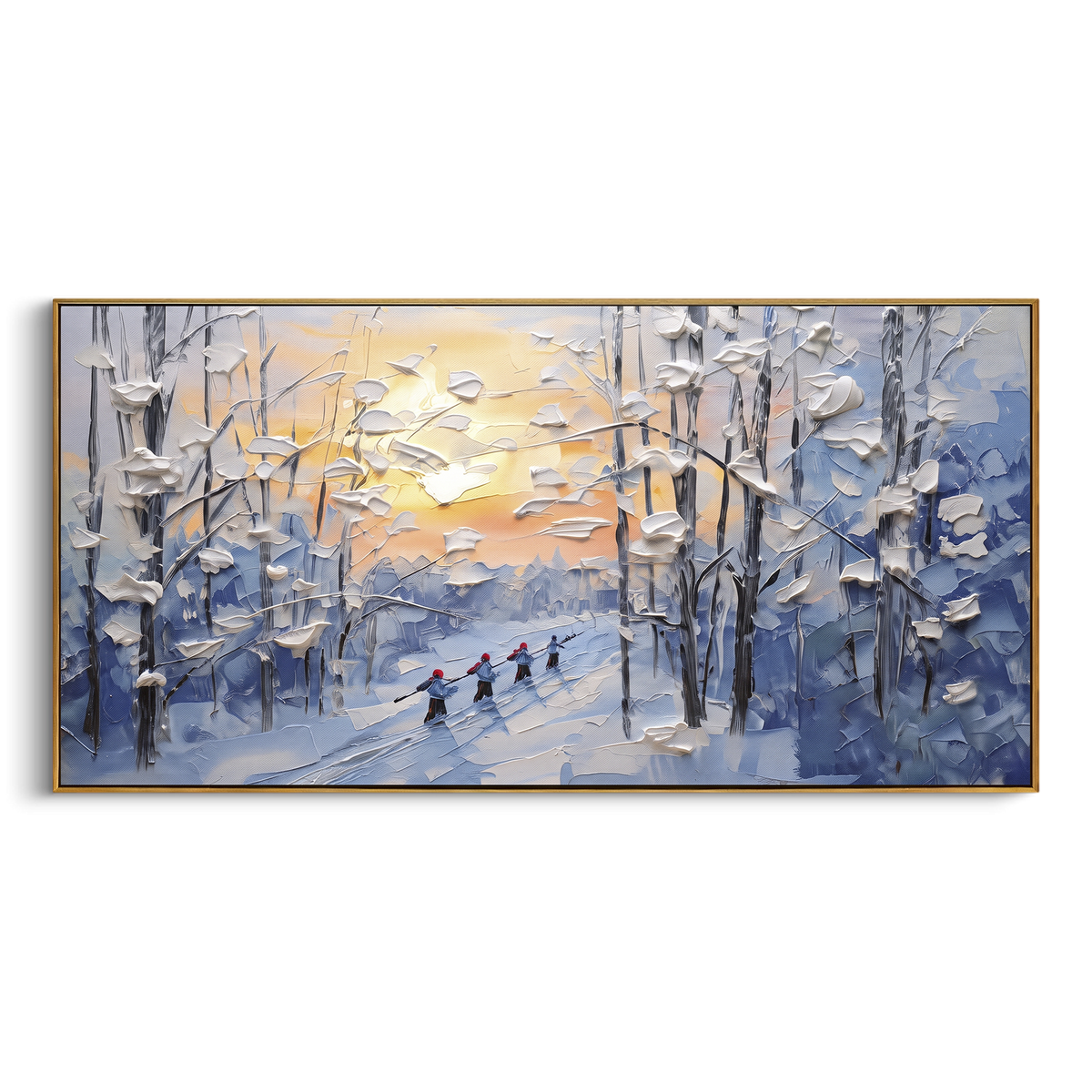 Red Ridge Resort Slopes focuses on red marked mountain ridges, snowy pines, and tiny skiers on a bright resort slope. The artwork shows a winter ski scene built from the actual image: visible downhill figures, curved snow tracks, raised ridgelines, and alpine space arranged in a wide composition. The red, blue, white palette gives the piece a cold mountain atmosphere while the thick impasto surface creates shadows along each snowbank, ski line, and textured ridge. This is presented as