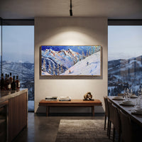 Crowded Peak Ski Resort focuses on many colorful skiers crossing a wide resort basin below repeating blue peaks. The artwork shows a winter ski scene built from the actual image: visible downhill figures, curved snow tracks, raised ridgelines, and alpine space arranged in a wide composition. The blue, white, yellow palette gives the piece a cold mountain atmosphere while the thick impasto surface creates shadows along each snowbank, ski line, and textured ridge. This is presented as hand-painted