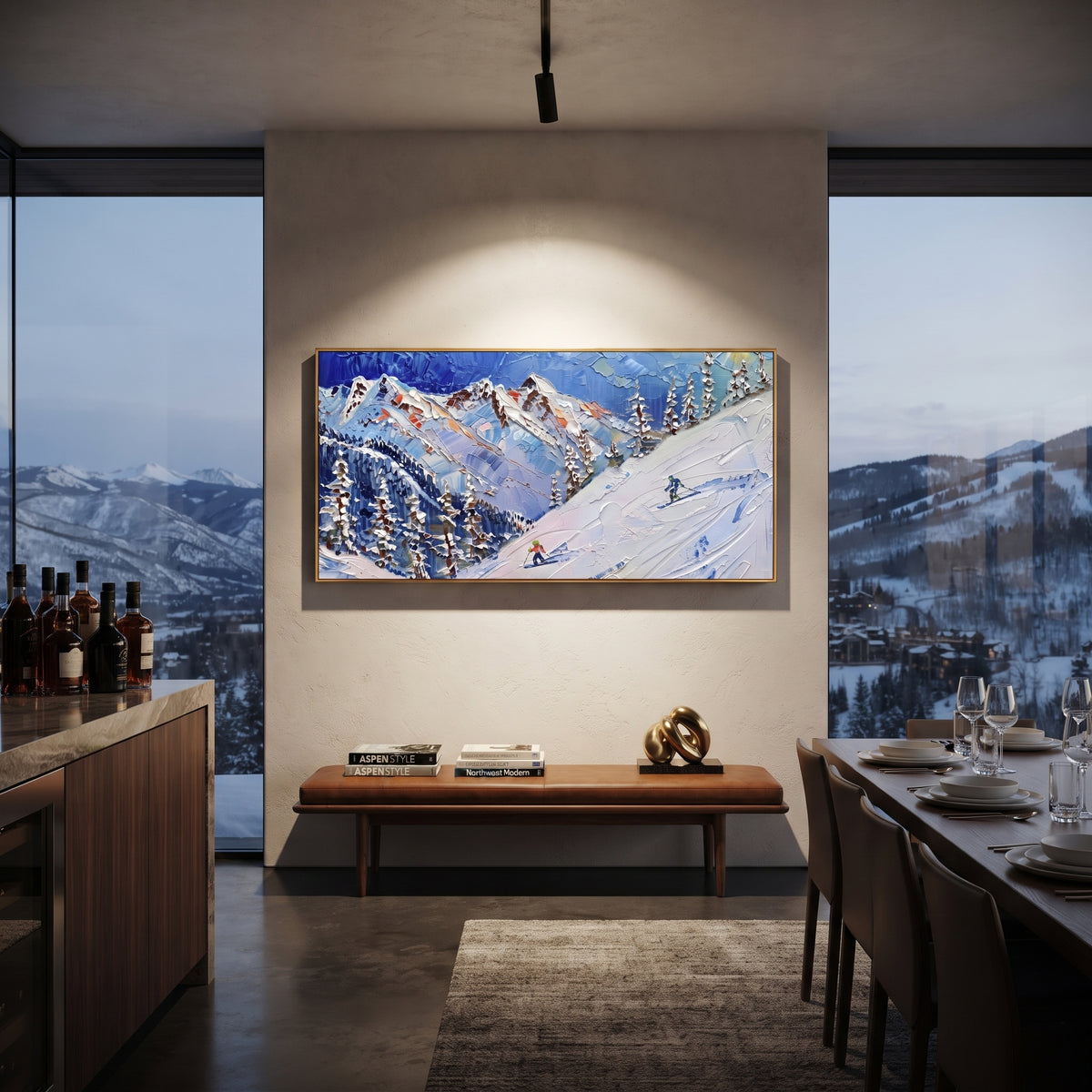 Crowded Peak Ski Resort focuses on many colorful skiers crossing a wide resort basin below repeating blue peaks. The artwork shows a winter ski scene built from the actual image: visible downhill figures, curved snow tracks, raised ridgelines, and alpine space arranged in a wide composition. The blue, white, yellow palette gives the piece a cold mountain atmosphere while the thick impasto surface creates shadows along each snowbank, ski line, and textured ridge. This is presented as hand-painted