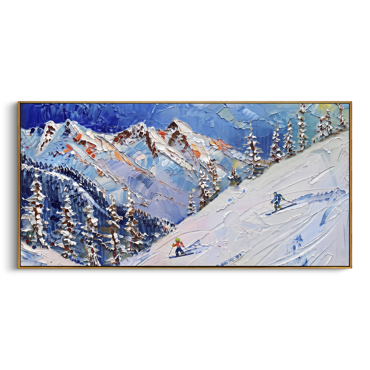 Crowded Peak Ski Resort focuses on many colorful skiers crossing a wide resort basin below repeating blue peaks. The artwork shows a winter ski scene built from the actual image: visible downhill figures, curved snow tracks, raised ridgelines, and alpine space arranged in a wide composition. The blue, white, yellow palette gives the piece a cold mountain atmosphere while the thick impasto surface creates shadows along each snowbank, ski line, and textured ridge. This is presented as hand-painted
