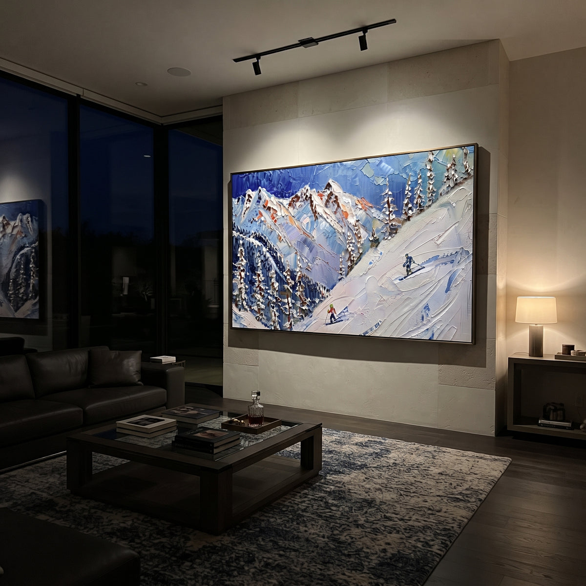 Crowded Peak Ski Resort focuses on many colorful skiers crossing a wide resort basin below repeating blue peaks. The artwork shows a winter ski scene built from the actual image: visible downhill figures, curved snow tracks, raised ridgelines, and alpine space arranged in a wide composition. The blue, white, yellow palette gives the piece a cold mountain atmosphere while the thick impasto surface creates shadows along each snowbank, ski line, and textured ridge. This is presented as hand-painted