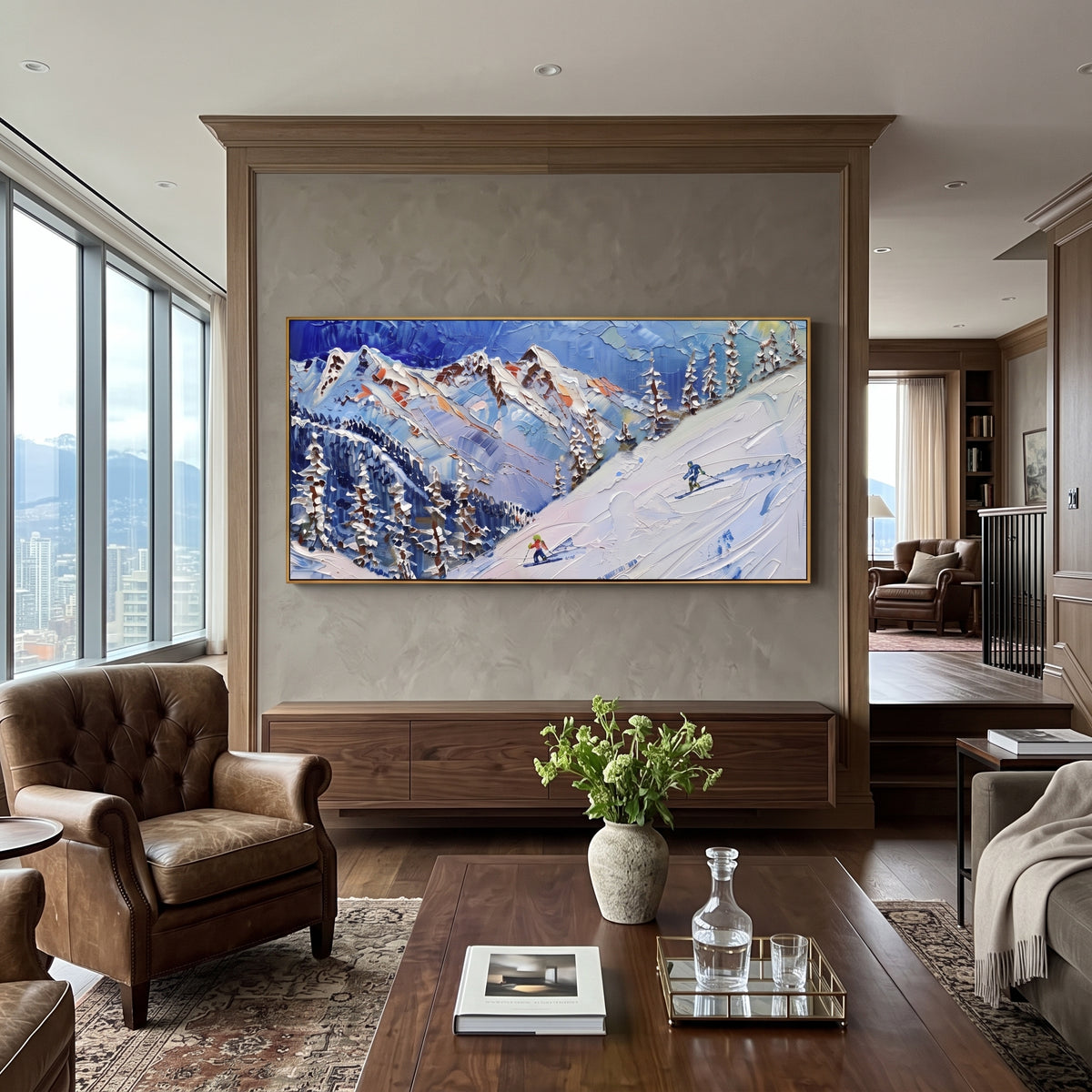 Crowded Peak Ski Resort focuses on many colorful skiers crossing a wide resort basin below repeating blue peaks. The artwork shows a winter ski scene built from the actual image: visible downhill figures, curved snow tracks, raised ridgelines, and alpine space arranged in a wide composition. The blue, white, yellow palette gives the piece a cold mountain atmosphere while the thick impasto surface creates shadows along each snowbank, ski line, and textured ridge. This is presented as hand-painted
