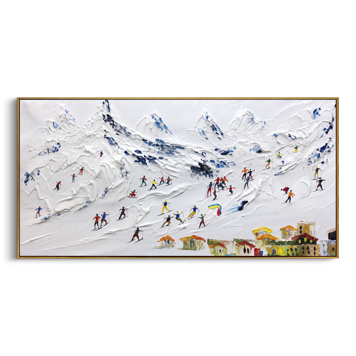 Yellow Village Ski Resort focuses on busy resort skiers moving under jagged peaks above a small yellow village. The artwork shows a winter ski scene built from the actual image: visible downhill figures, curved snow tracks, raised ridgelines, and alpine space arranged in a wide composition. The yellow, blue, white palette gives the piece a cold mountain atmosphere while the thick impasto surface creates shadows along each snowbank, ski line, and textured ridge. This is presented as hand-painted