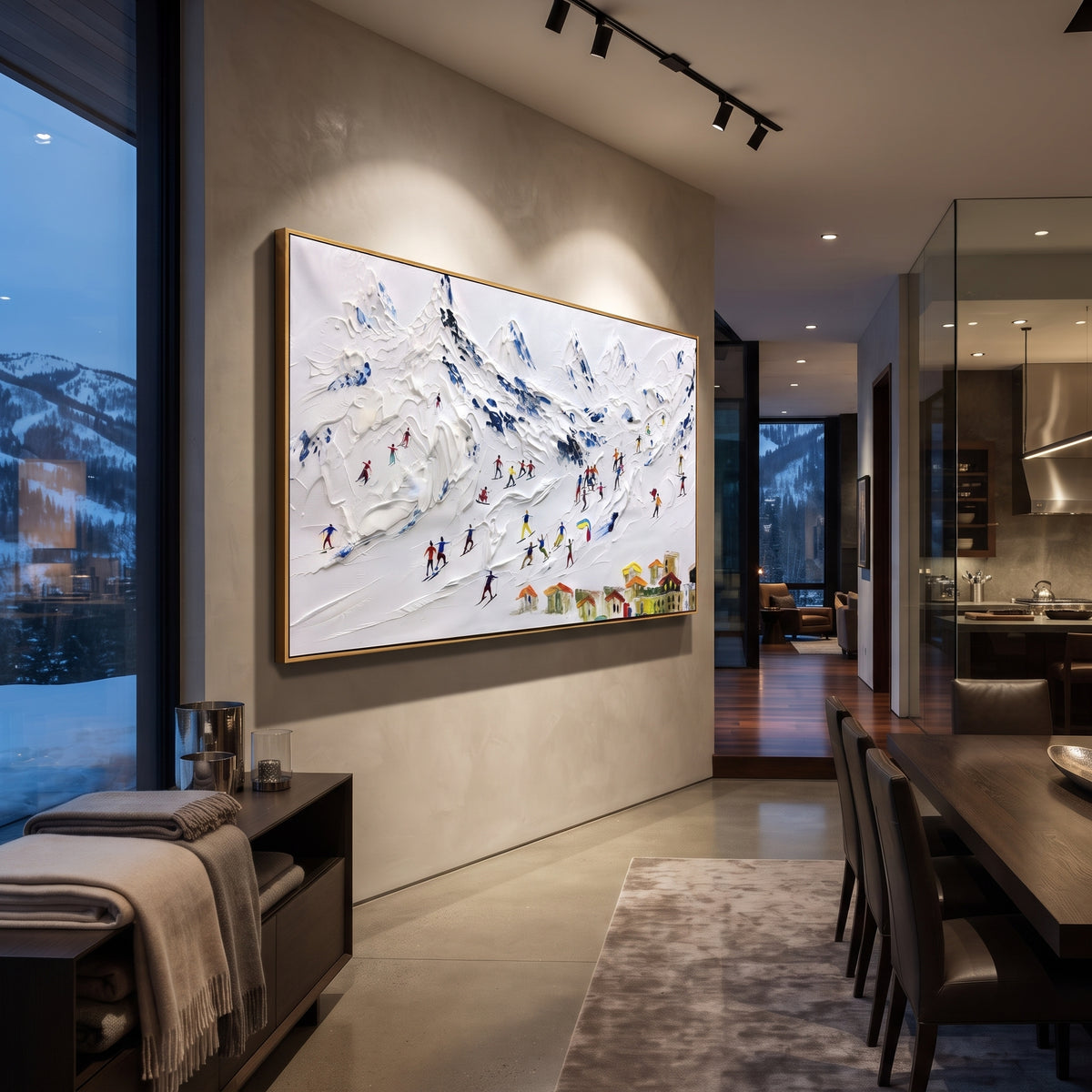 Yellow Village Ski Resort focuses on busy resort skiers moving under jagged peaks above a small yellow village. The artwork shows a winter ski scene built from the actual image: visible downhill figures, curved snow tracks, raised ridgelines, and alpine space arranged in a wide composition. The yellow, blue, white palette gives the piece a cold mountain atmosphere while the thick impasto surface creates shadows along each snowbank, ski line, and textured ridge. This is presented as hand-painted