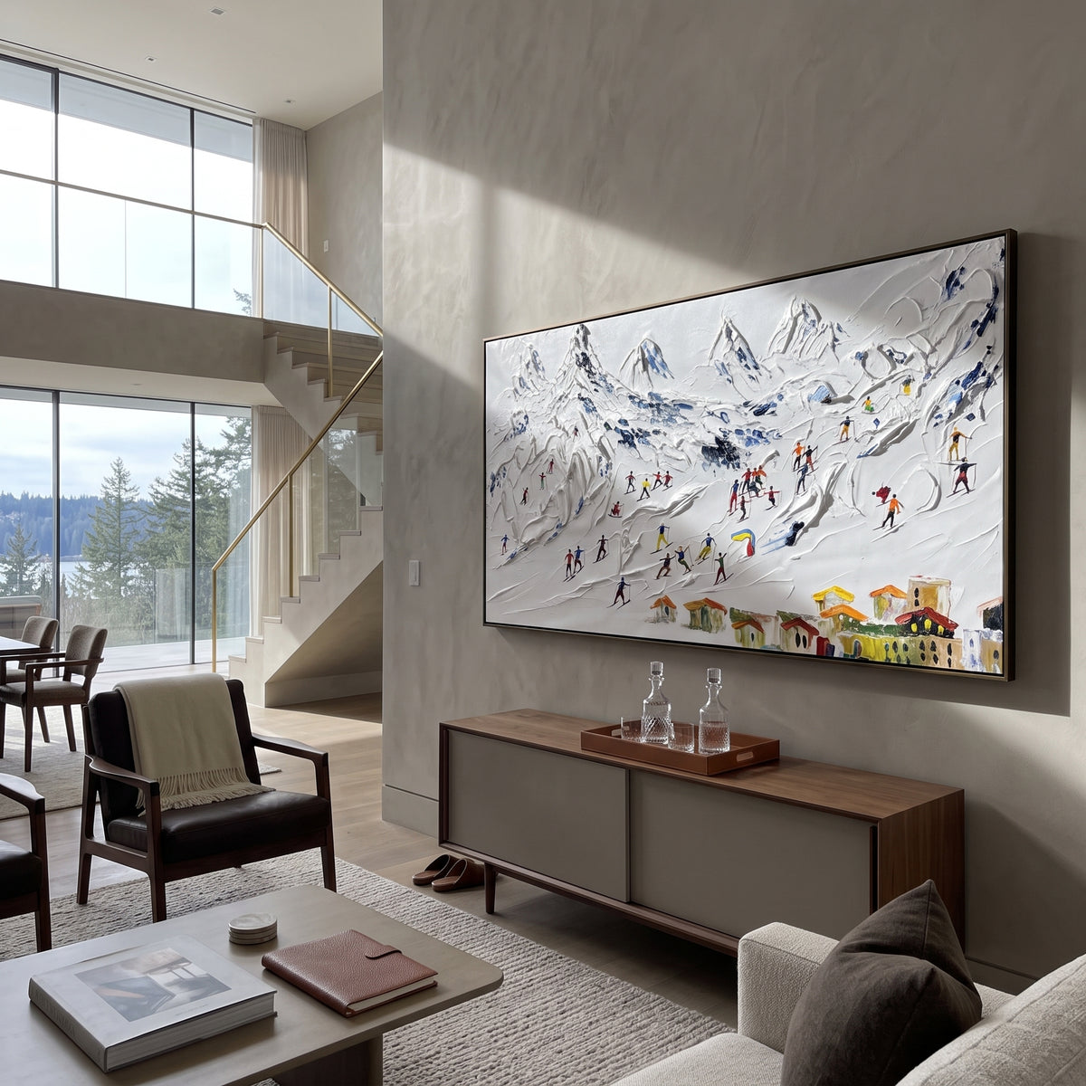 Yellow Village Ski Resort focuses on busy resort skiers moving under jagged peaks above a small yellow village. The artwork shows a winter ski scene built from the actual image: visible downhill figures, curved snow tracks, raised ridgelines, and alpine space arranged in a wide composition. The yellow, blue, white palette gives the piece a cold mountain atmosphere while the thick impasto surface creates shadows along each snowbank, ski line, and textured ridge. This is presented as hand-painted