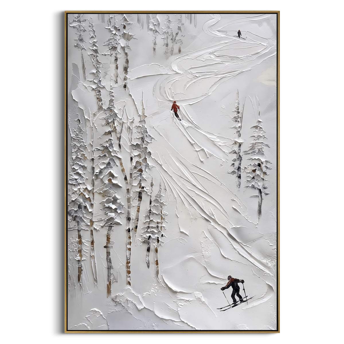 Downhill Pine Slope focuses on a calm mountain basin with crisp tracks, snow shelves, and small skiers. The artwork shows a winter ski scene built from the actual image: visible downhill figures, curved snow tracks, raised ridgelines, and alpine space arranged in a tall composition. The white, gray, blue palette gives the piece a cold mountain atmosphere while the thick impasto surface creates shadows along each snowbank, ski line, and textured ridge. This is presented as hand-painted textured