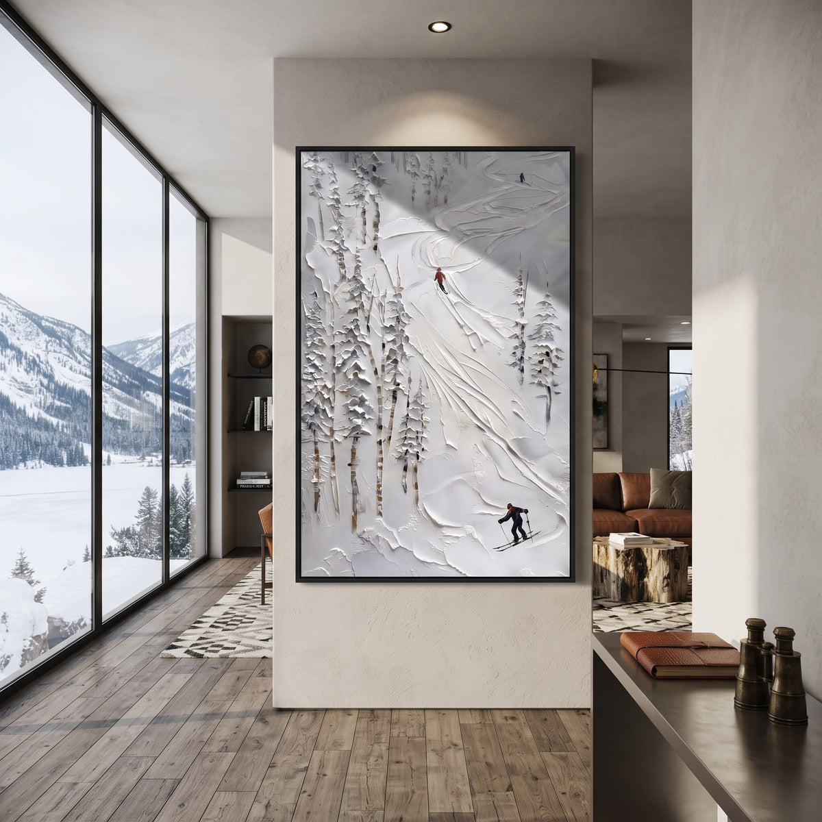 Downhill Pine Slope focuses on a calm mountain basin with crisp tracks, snow shelves, and small skiers. The artwork shows a winter ski scene built from the actual image: visible downhill figures, curved snow tracks, raised ridgelines, and alpine space arranged in a tall composition. The white, gray, blue palette gives the piece a cold mountain atmosphere while the thick impasto surface creates shadows along each snowbank, ski line, and textured ridge. This is presented as hand-painted textured