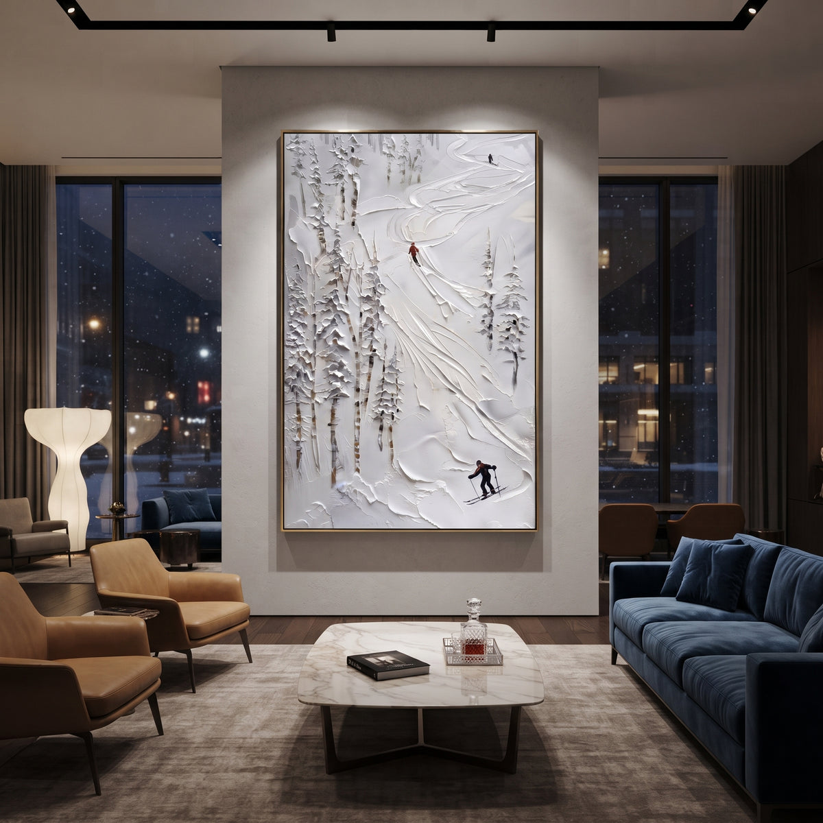 Downhill Pine Slope focuses on a calm mountain basin with crisp tracks, snow shelves, and small skiers. The artwork shows a winter ski scene built from the actual image: visible downhill figures, curved snow tracks, raised ridgelines, and alpine space arranged in a tall composition. The white, gray, blue palette gives the piece a cold mountain atmosphere while the thick impasto surface creates shadows along each snowbank, ski line, and textured ridge. This is presented as hand-painted textured