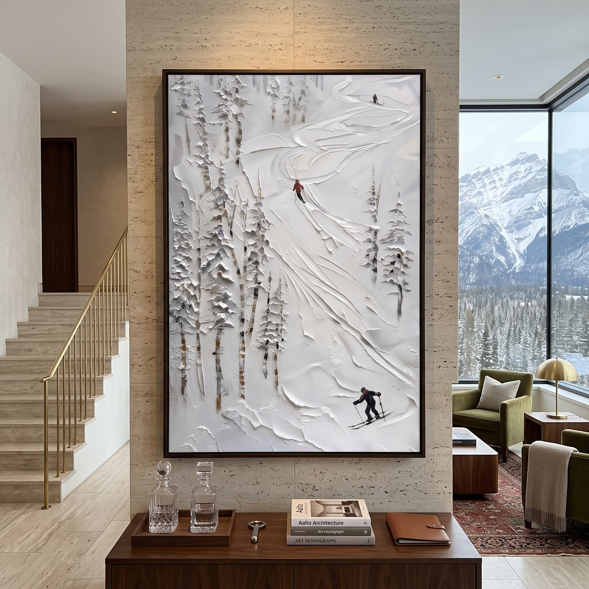 Downhill Pine Slope focuses on a calm mountain basin with crisp tracks, snow shelves, and small skiers. The artwork shows a winter ski scene built from the actual image: visible downhill figures, curved snow tracks, raised ridgelines, and alpine space arranged in a tall composition. The white, gray, blue palette gives the piece a cold mountain atmosphere while the thick impasto surface creates shadows along each snowbank, ski line, and textured ridge. This is presented as hand-painted textured
