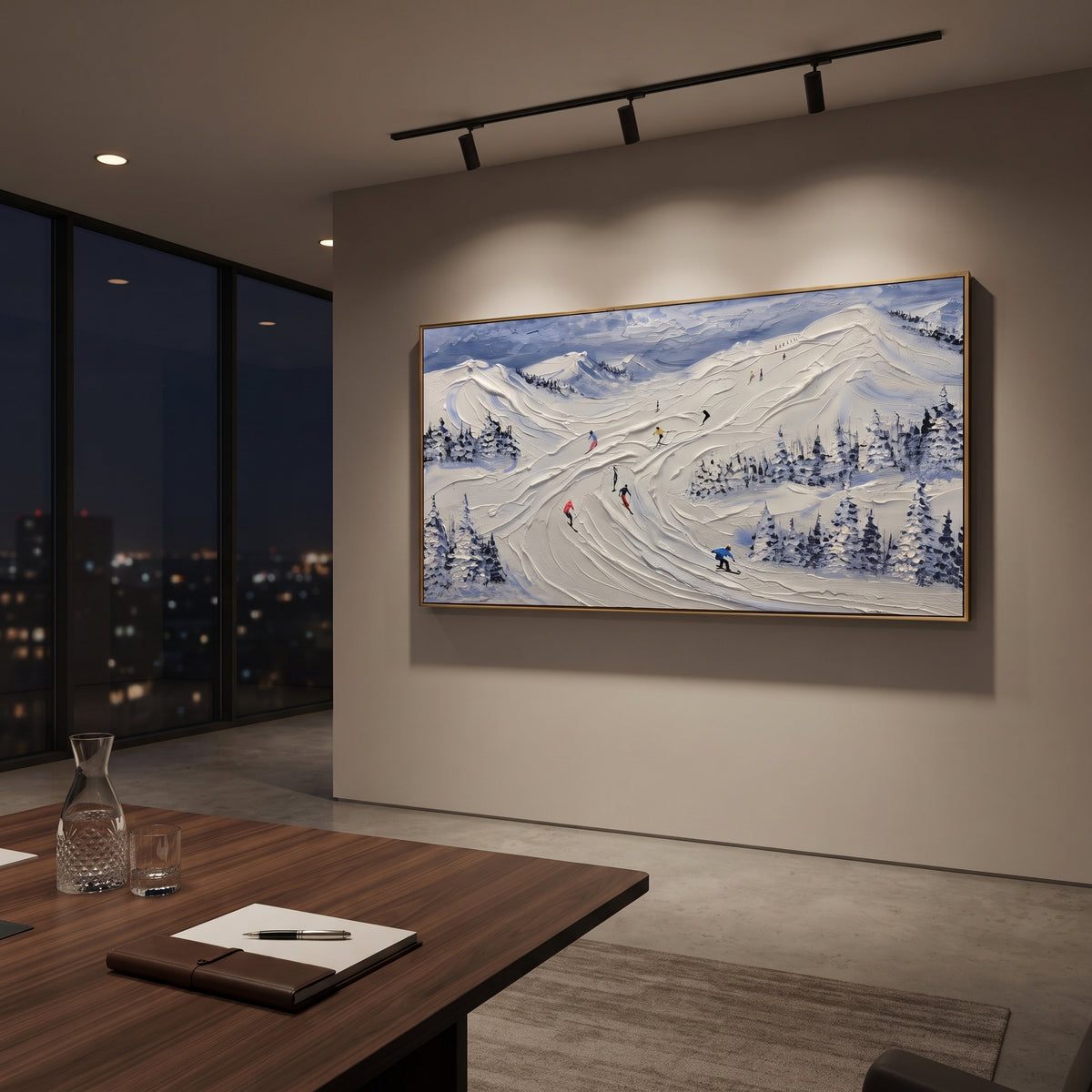 Fresh Alpine Descent focuses on colored skiers crossing raised white snow tracks between dark pine edges. The artwork shows a winter ski scene built from the actual image: visible downhill figures, curved snow tracks, raised ridgelines, and alpine space arranged in a wide composition. The white, green, blue palette gives the piece a cold mountain atmosphere while the thick impasto surface creates shadows along each snowbank, ski line, and textured ridge. This is presented as hand-painted