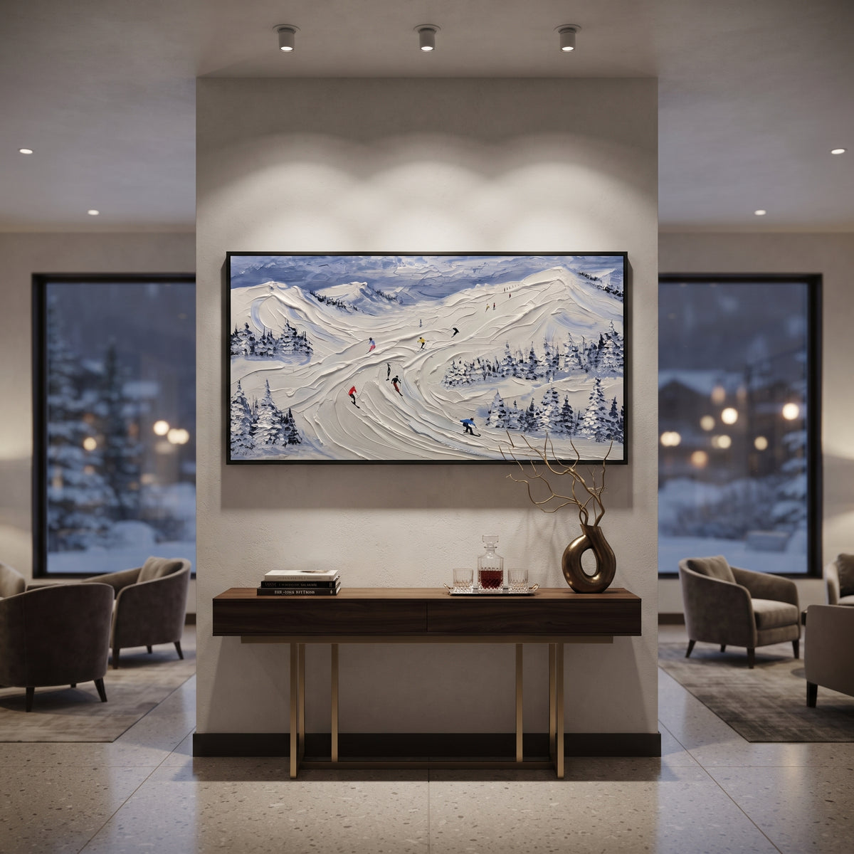 Fresh Alpine Descent focuses on colored skiers crossing raised white snow tracks between dark pine edges. The artwork shows a winter ski scene built from the actual image: visible downhill figures, curved snow tracks, raised ridgelines, and alpine space arranged in a wide composition. The white, green, blue palette gives the piece a cold mountain atmosphere while the thick impasto surface creates shadows along each snowbank, ski line, and textured ridge. This is presented as hand-painted