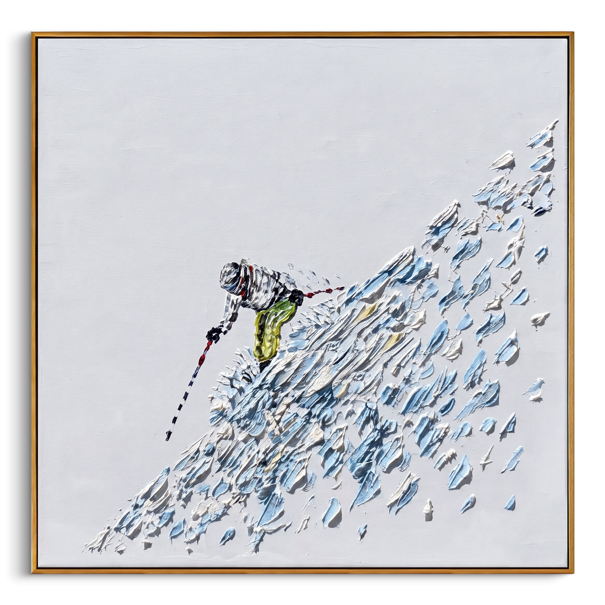 "Steep Ice Chute Skier" - Modern Heavy Impasto Landscape Artwork | Blue & White Palette Knife Painting | Luxury Square Wall Art #PT 2556