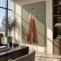 Striped Blouse Dandelion Walk focuses on the specific fashion figure shown in the artwork: profile walking woman with striped blouse, sculptural cream sleeve, rust wide-leg pants, and a small dandelion held forward. The image is built around elongated trousers, a compact upper-body pose, sculptural sleeve volume, small accessory detail, and a quiet studio background. The beige, brown, green palette keeps the mood refined while the raised texture and visible brushwork make the surface feel