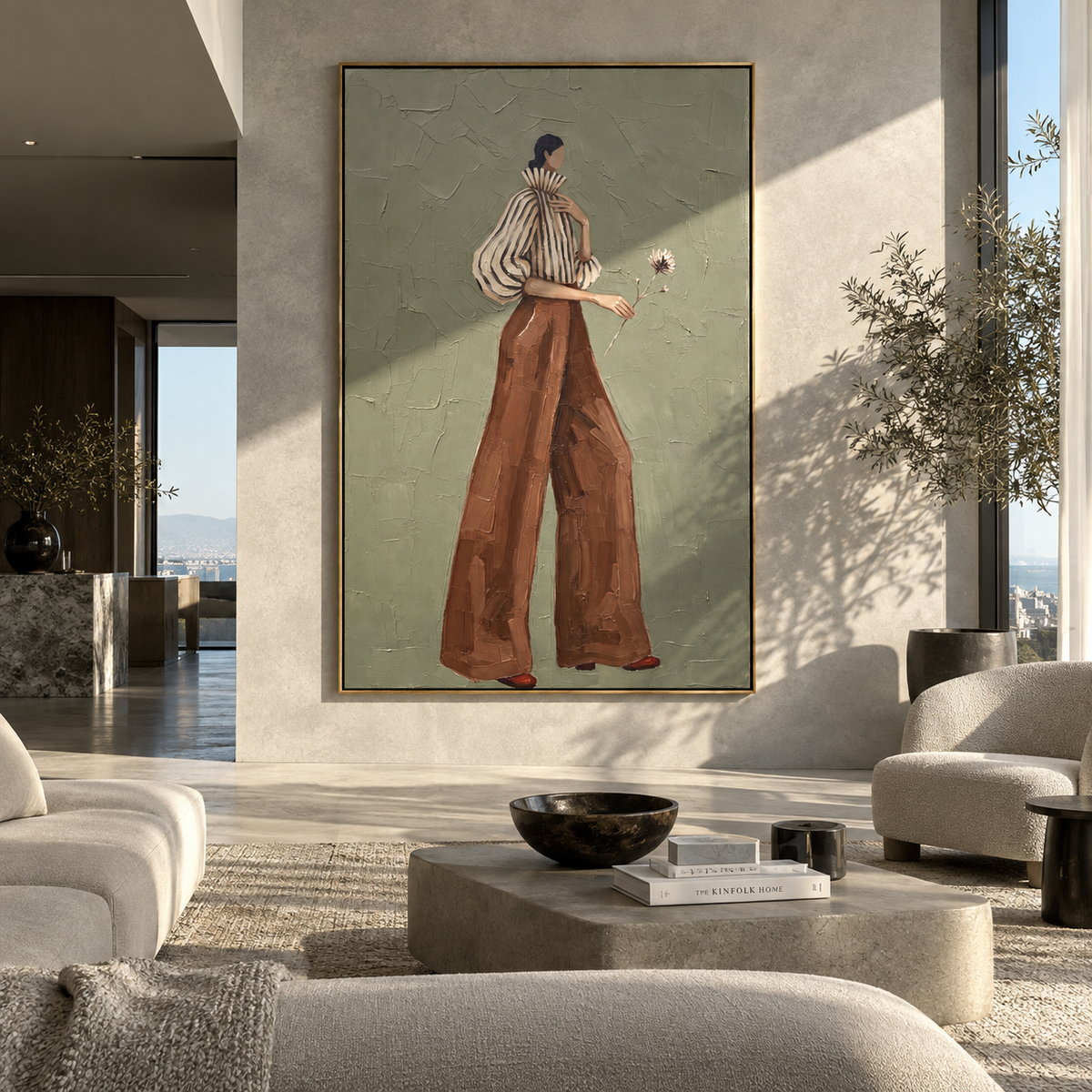 Striped Blouse Dandelion Walk focuses on the specific fashion figure shown in the artwork: profile walking woman with striped blouse, sculptural cream sleeve, rust wide-leg pants, and a small dandelion held forward. The image is built around elongated trousers, a compact upper-body pose, sculptural sleeve volume, small accessory detail, and a quiet studio background. The beige, brown, green palette keeps the mood refined while the raised texture and visible brushwork make the surface feel