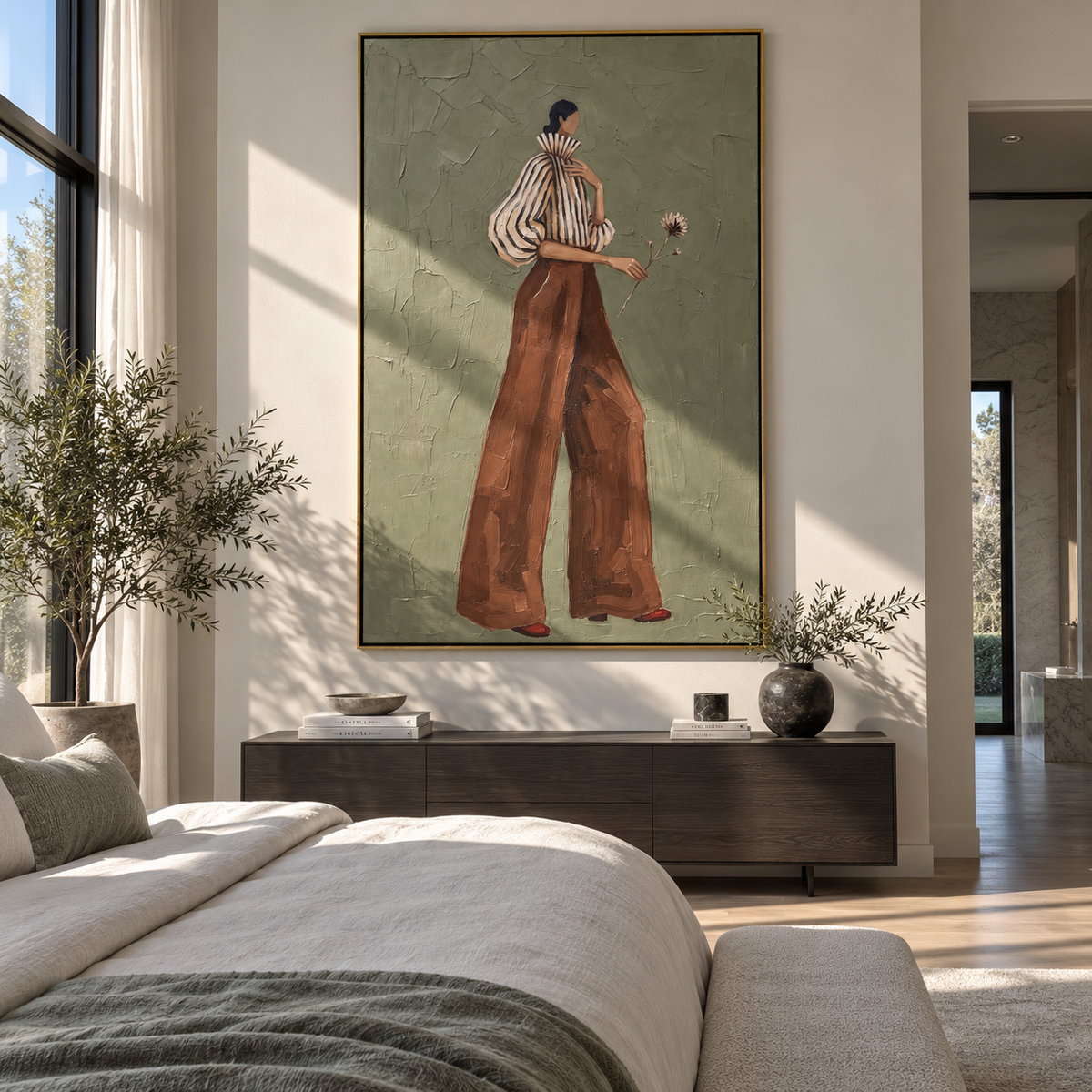 Striped Blouse Dandelion Walk focuses on the specific fashion figure shown in the artwork: profile walking woman with striped blouse, sculptural cream sleeve, rust wide-leg pants, and a small dandelion held forward. The image is built around elongated trousers, a compact upper-body pose, sculptural sleeve volume, small accessory detail, and a quiet studio background. The beige, brown, green palette keeps the mood refined while the raised texture and visible brushwork make the surface feel