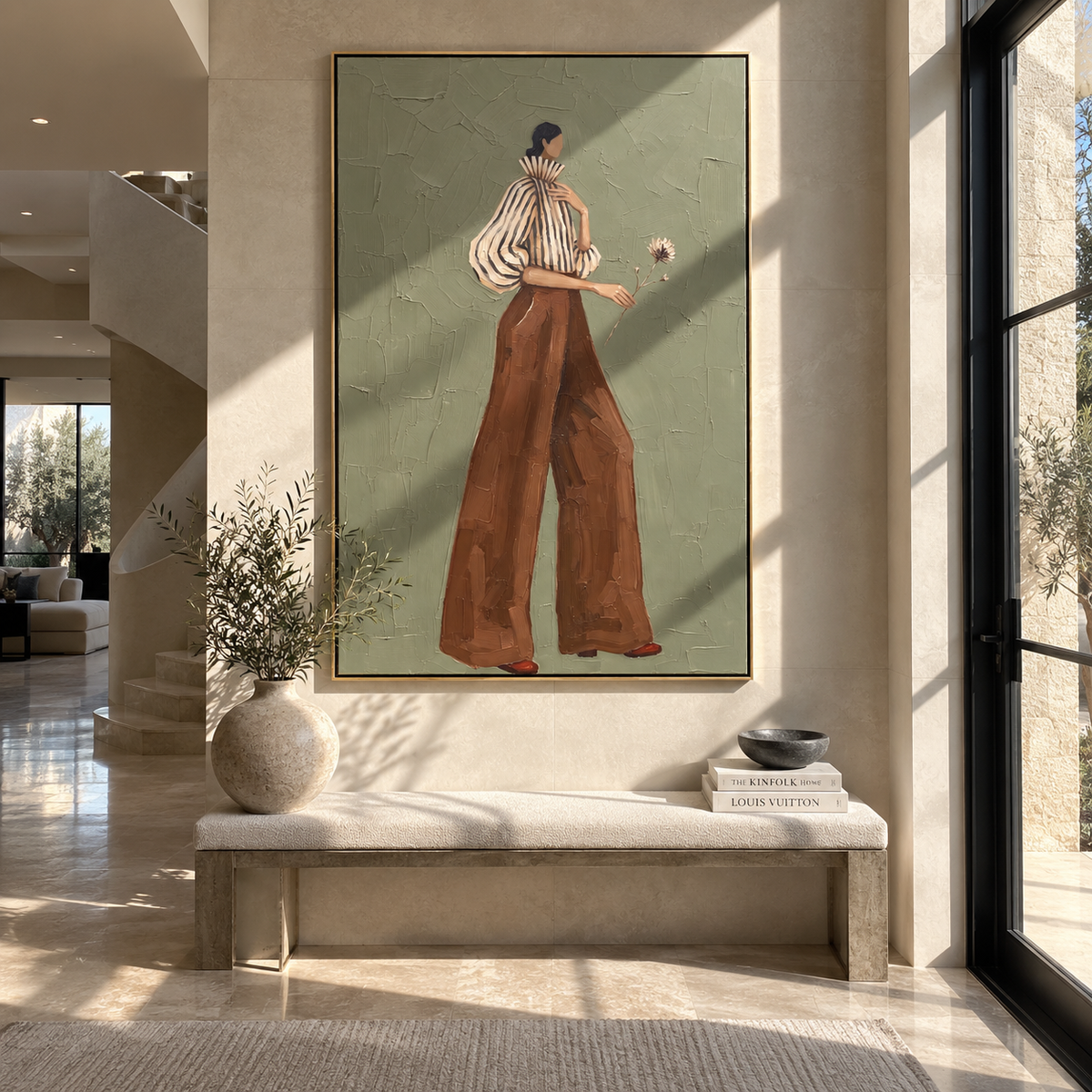 Striped Blouse Dandelion Walk focuses on the specific fashion figure shown in the artwork: profile walking woman with striped blouse, sculptural cream sleeve, rust wide-leg pants, and a small dandelion held forward. The image is built around elongated trousers, a compact upper-body pose, sculptural sleeve volume, small accessory detail, and a quiet studio background. The beige, brown, green palette keeps the mood refined while the raised texture and visible brushwork make the surface feel