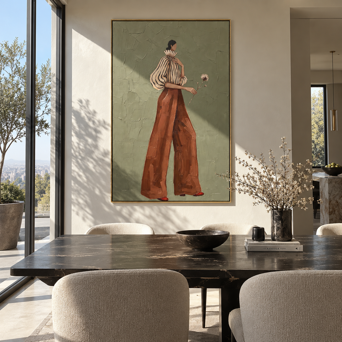 Striped Blouse Dandelion Walk focuses on the specific fashion figure shown in the artwork: profile walking woman with striped blouse, sculptural cream sleeve, rust wide-leg pants, and a small dandelion held forward. The image is built around elongated trousers, a compact upper-body pose, sculptural sleeve volume, small accessory detail, and a quiet studio background. The beige, brown, green palette keeps the mood refined while the raised texture and visible brushwork make the surface feel