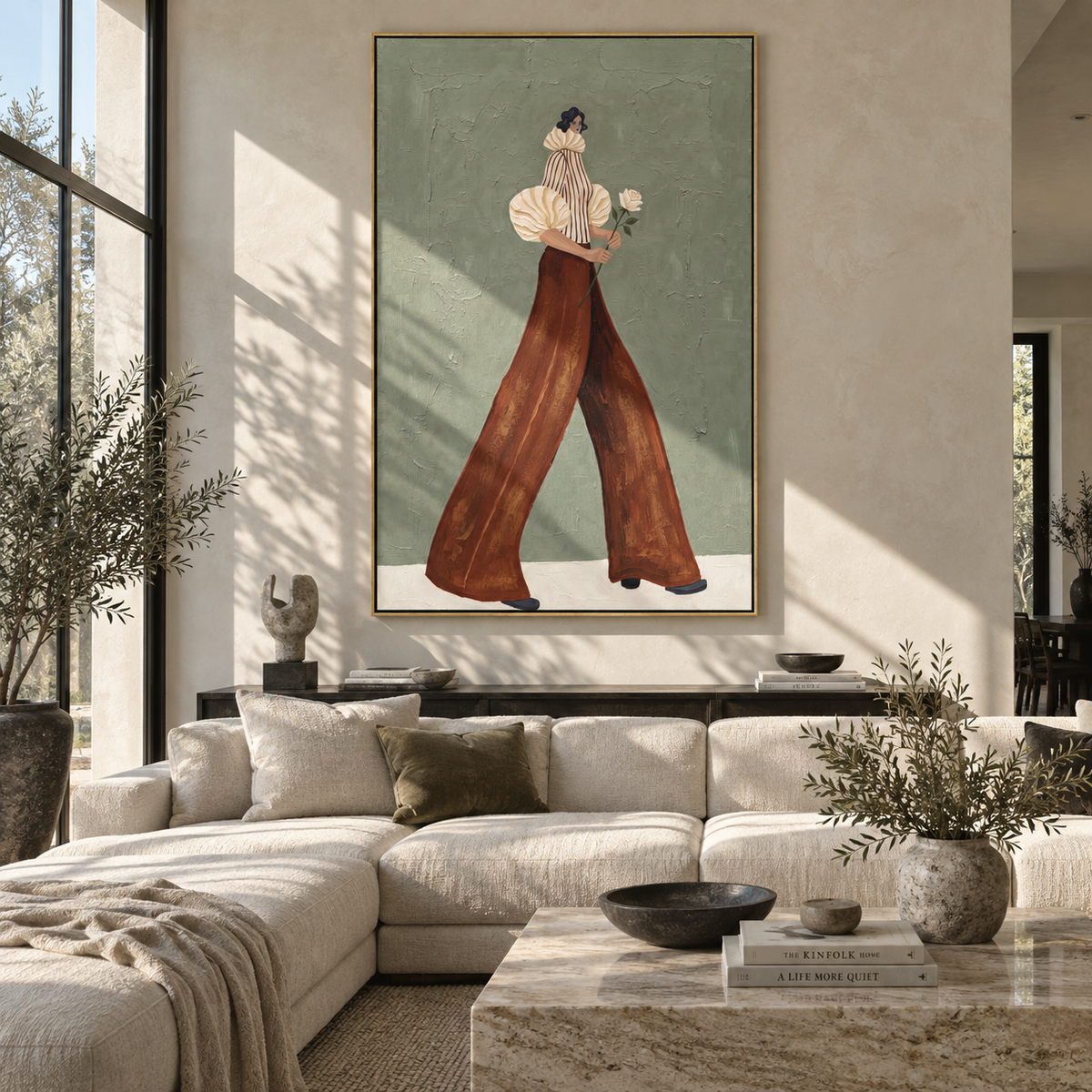 Cream Sleeve Flower Stroll focuses on the specific fashion figure shown in the artwork: walking woman with a cream puff sleeve, striped top, rust palazzo pants, and a white flower carried at her side. The image is built around elongated trousers, a compact upper-body pose, sculptural sleeve volume, small accessory detail, and a quiet studio background. The beige, brown, green palette keeps the mood refined while the raised texture and visible brushwork make the surface feel handmade rather than