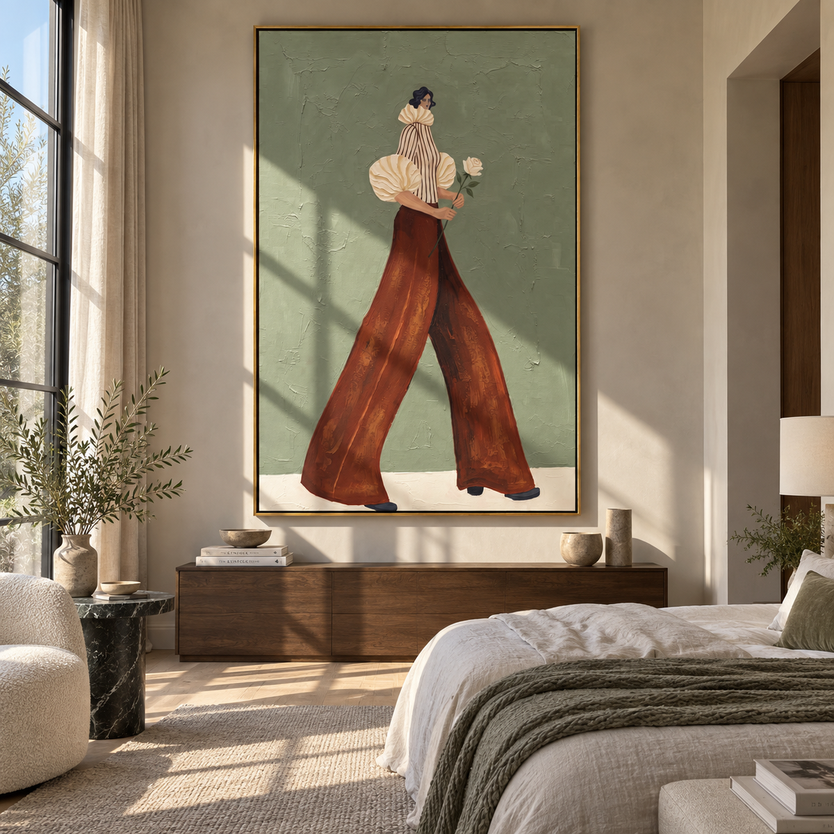 Cream Sleeve Flower Stroll focuses on the specific fashion figure shown in the artwork: walking woman with a cream puff sleeve, striped top, rust palazzo pants, and a white flower carried at her side. The image is built around elongated trousers, a compact upper-body pose, sculptural sleeve volume, small accessory detail, and a quiet studio background. The beige, brown, green palette keeps the mood refined while the raised texture and visible brushwork make the surface feel handmade rather than