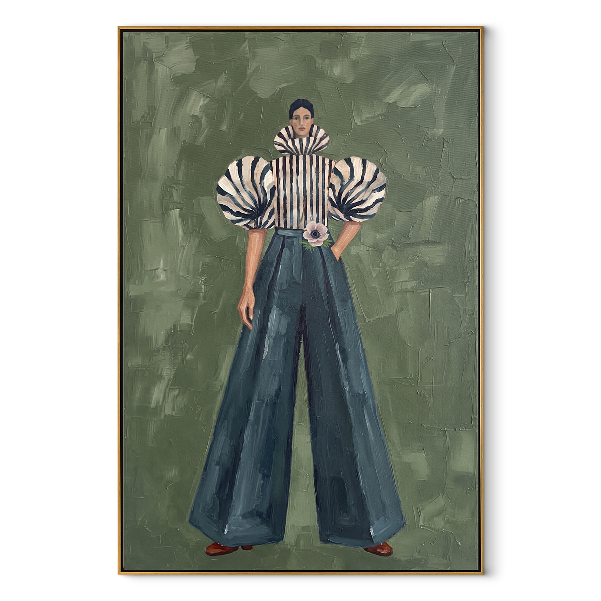 Zebra Sleeve Denim Pose focuses on the specific fashion figure shown in the artwork: front-facing fashion figure wearing zebra striped sculptural sleeves and deep blue wide-leg denim pants. The image is built around elongated trousers, a compact upper-body pose, sculptural sleeve volume, small accessory detail, and a quiet studio background. The blue, black, beige palette keeps the mood refined while the raised texture and visible brushwork make the surface feel handmade rather than printed.