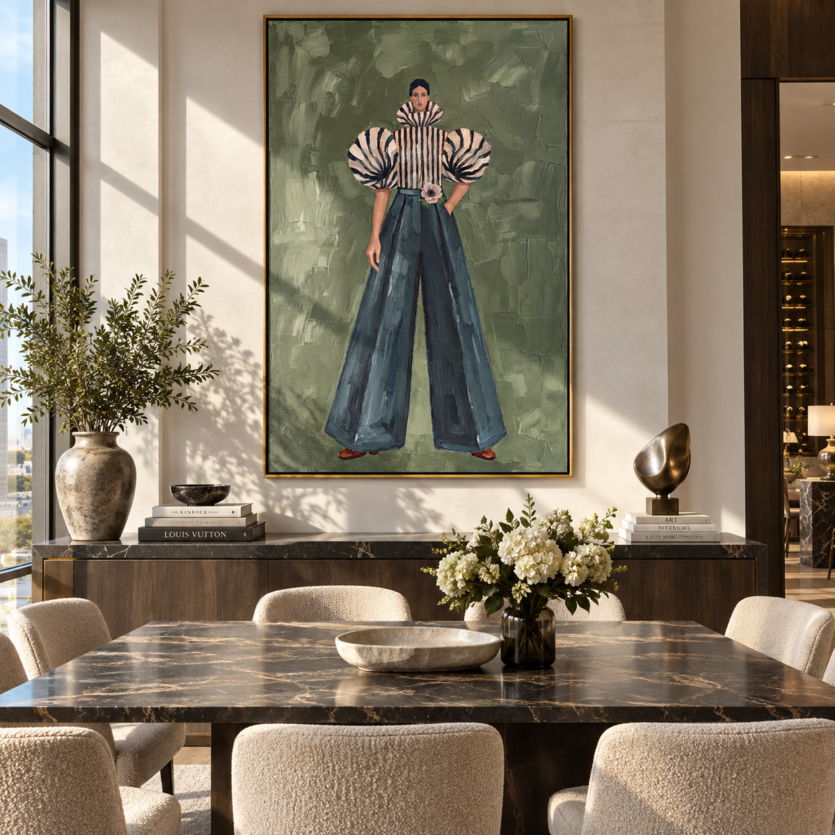 Zebra Sleeve Denim Pose focuses on the specific fashion figure shown in the artwork: front-facing fashion figure wearing zebra striped sculptural sleeves and deep blue wide-leg denim pants. The image is built around elongated trousers, a compact upper-body pose, sculptural sleeve volume, small accessory detail, and a quiet studio background. The blue, black, beige palette keeps the mood refined while the raised texture and visible brushwork make the surface feel handmade rather than printed.