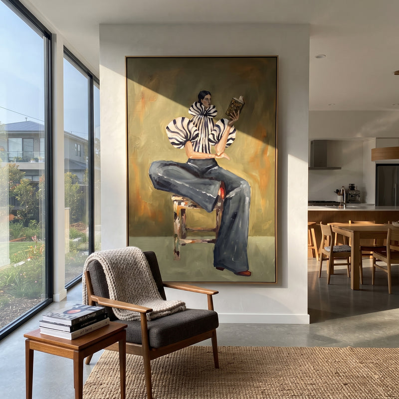 "Seated Zebra Sleeve Reader" - Modern Heavy Impasto Abstract Artwork | Black & Beige Palette Knife Painting | Luxury Vertical Wall Art #PT 2560