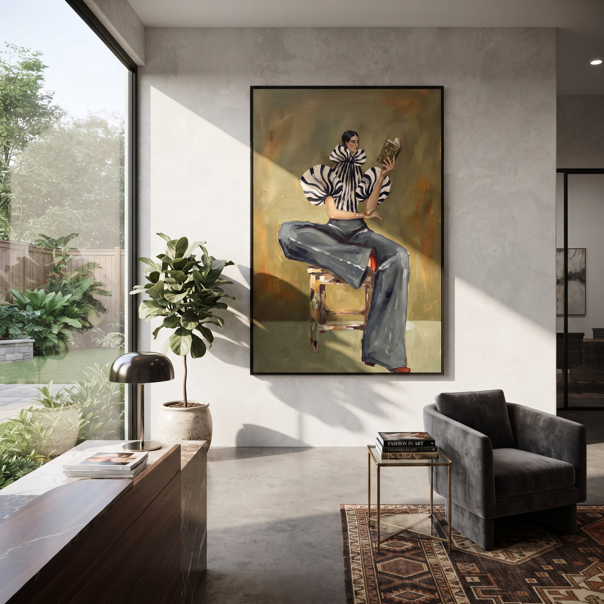Seated Zebra Sleeve Reader focuses on the specific fashion figure shown in the artwork: seated woman in zebra striped sleeves and dark cropped trousers reading a patterned magazine. The image is built around elongated trousers, a compact upper-body pose, sculptural sleeve volume, small accessory detail, and a quiet studio background. The black, beige, green palette keeps the mood refined while the raised texture and visible brushwork make the surface feel handmade rather than printed. This