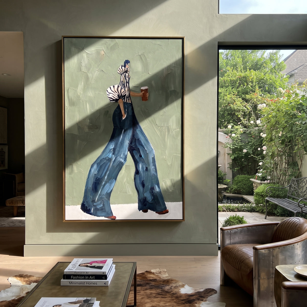 Blue Trousers Coffee Walk focuses on the specific fashion figure shown in the artwork: side-walking woman in zebra striped sleeves and flowing blue trousers holding a coffee cup. The image is built around elongated trousers, a compact upper-body pose, sculptural sleeve volume, small accessory detail, and a quiet studio background. The blue, beige, green palette keeps the mood refined while the raised texture and visible brushwork make the surface feel handmade rather than printed. This