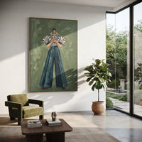 Centered Denim Zebra Sleeve focuses on the specific fashion figure shown in the artwork: centered woman with zebra puff sleeves, striped blouse, and full blue denim trousers holding a small flower. The image is built around elongated trousers, a compact upper-body pose, sculptural sleeve volume, small accessory detail, and a quiet studio background. The blue, beige, green palette keeps the mood refined while the raised texture and visible brushwork make the surface feel handmade rather than
