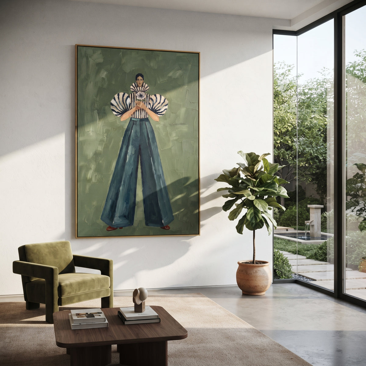 Centered Denim Zebra Sleeve focuses on the specific fashion figure shown in the artwork: centered woman with zebra puff sleeves, striped blouse, and full blue denim trousers holding a small flower. The image is built around elongated trousers, a compact upper-body pose, sculptural sleeve volume, small accessory detail, and a quiet studio background. The blue, beige, green palette keeps the mood refined while the raised texture and visible brushwork make the surface feel handmade rather than