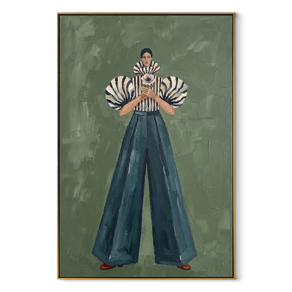 Centered Denim Zebra Sleeve focuses on the specific fashion figure shown in the artwork: centered woman with zebra puff sleeves, striped blouse, and full blue denim trousers holding a small flower. The image is built around elongated trousers, a compact upper-body pose, sculptural sleeve volume, small accessory detail, and a quiet studio background. The blue, beige, green palette keeps the mood refined while the raised texture and visible brushwork make the surface feel handmade rather than